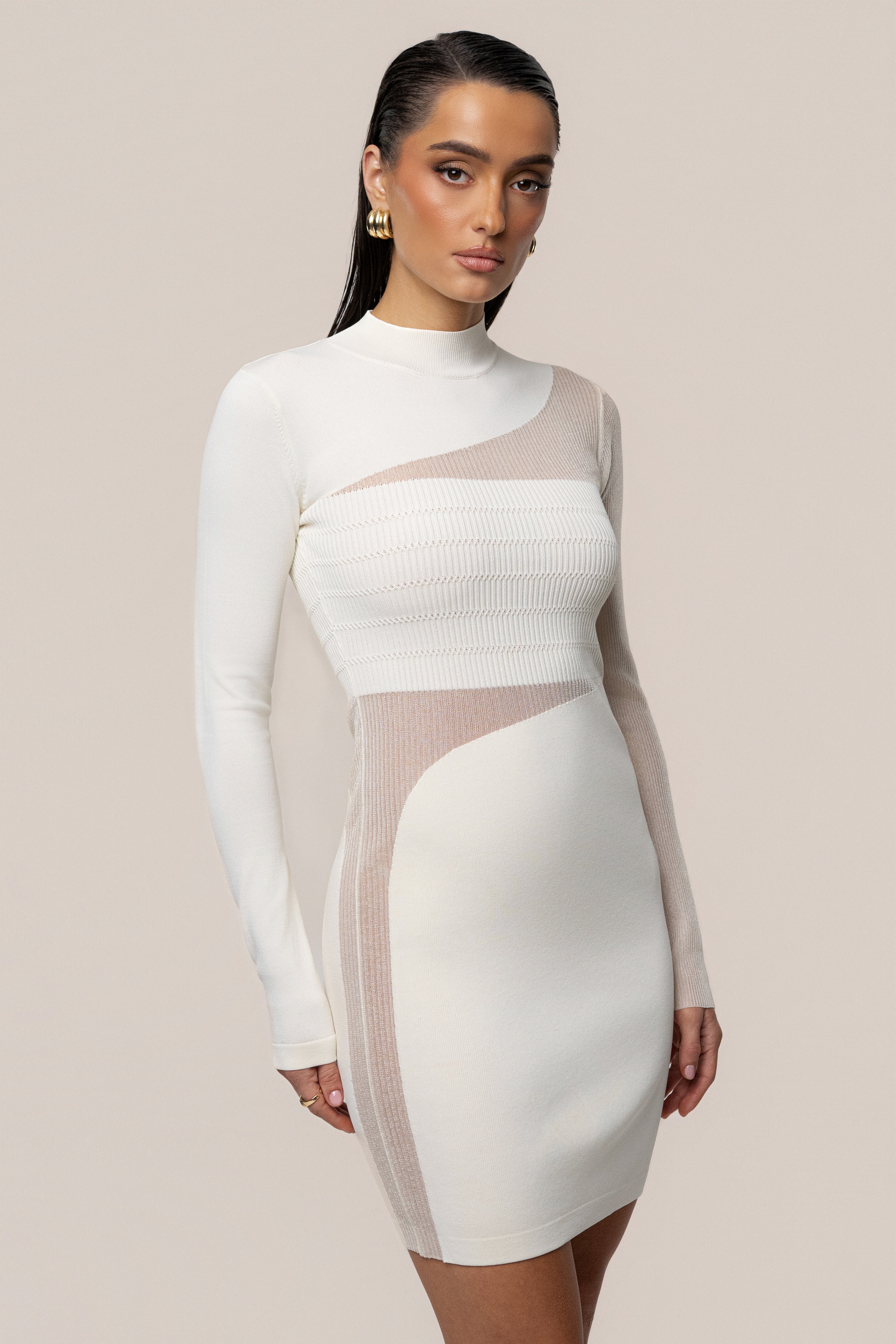 Ivory Sheer Knit Mock Neck Dress - JLUXLABEL