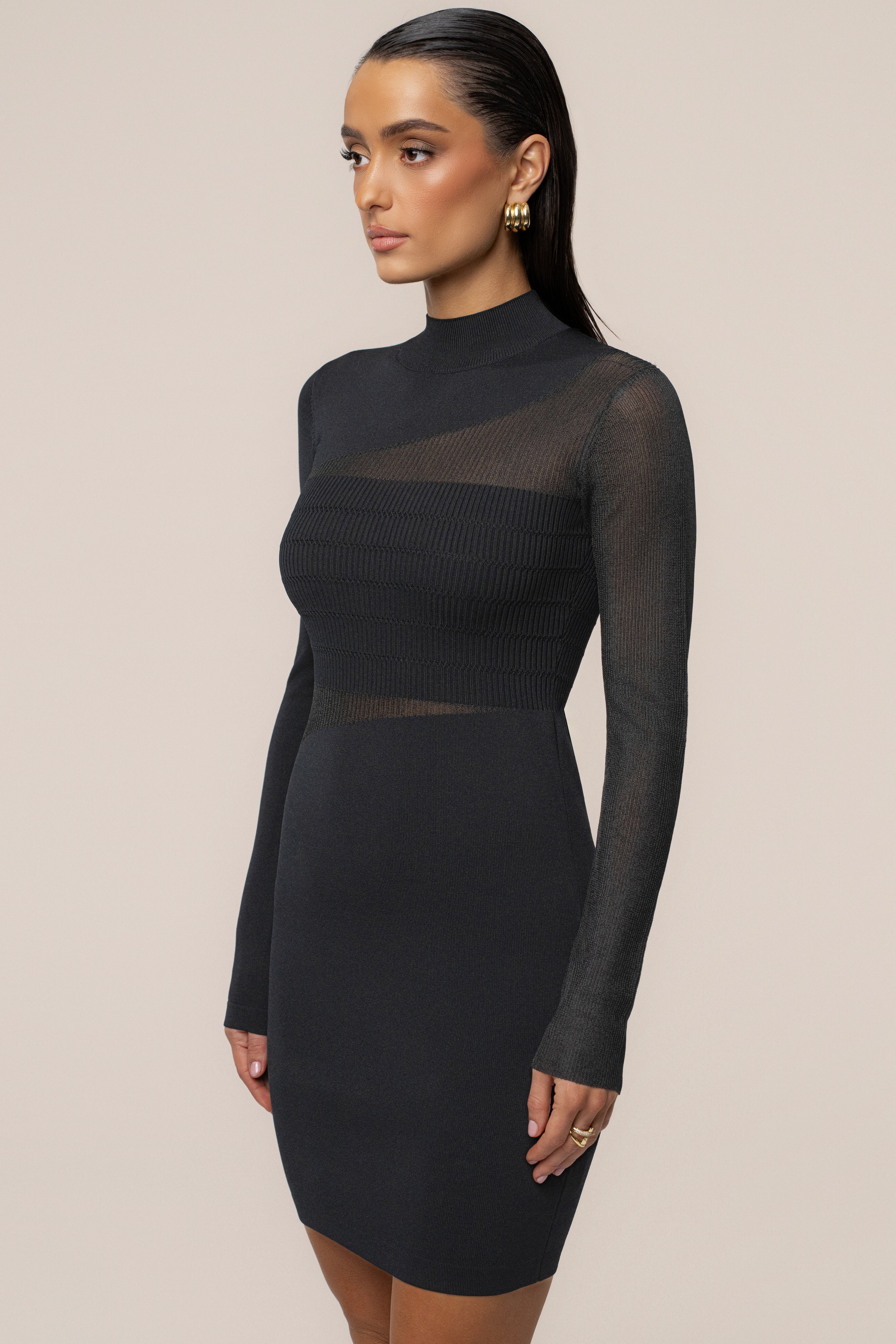 Black Sheer Knit Mock Neck Dress