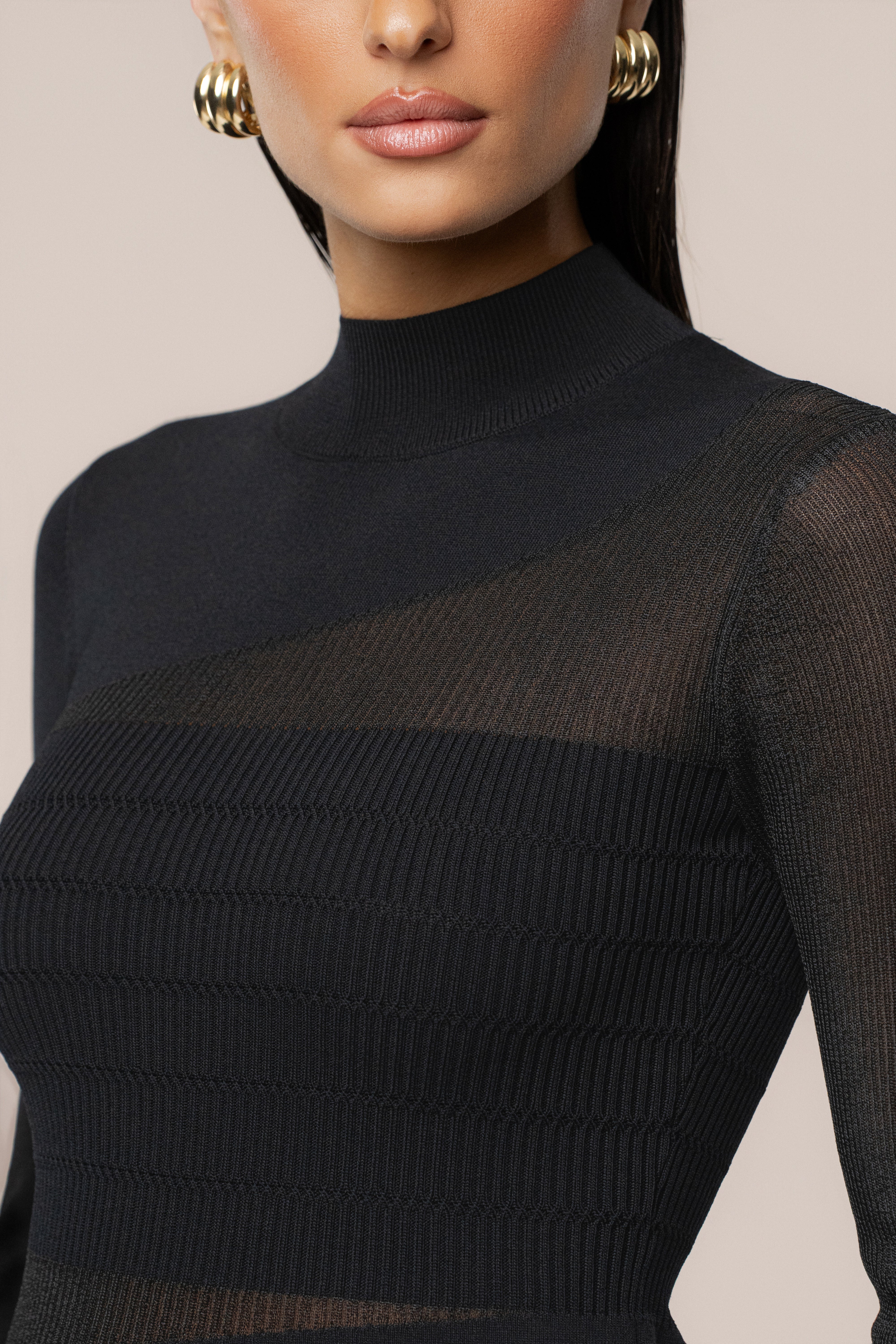 Black Sheer Knit Mock Neck Dress