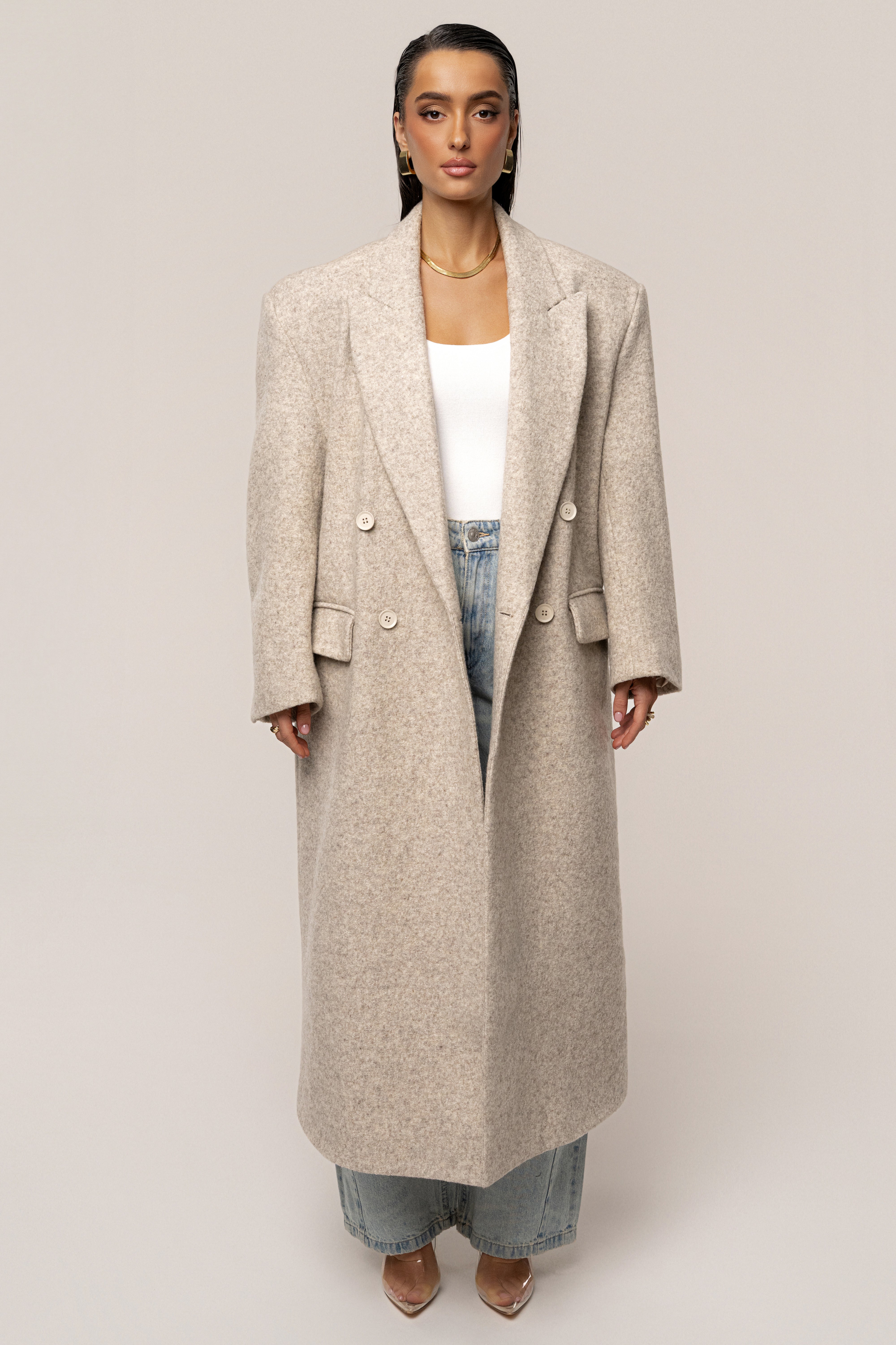 Beige Oversize Double Breasted Coat