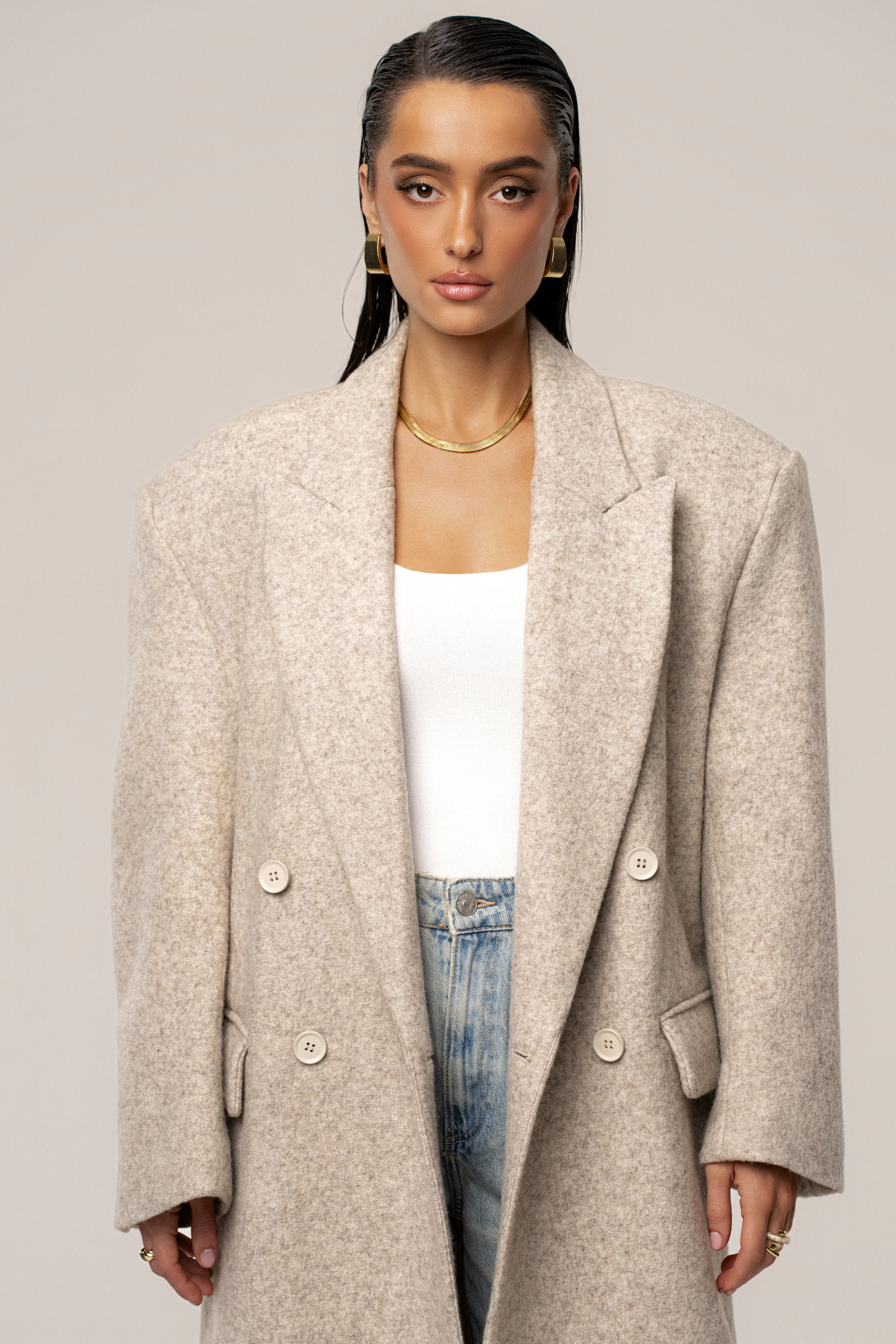 Beige Oversize Double Breasted Coat