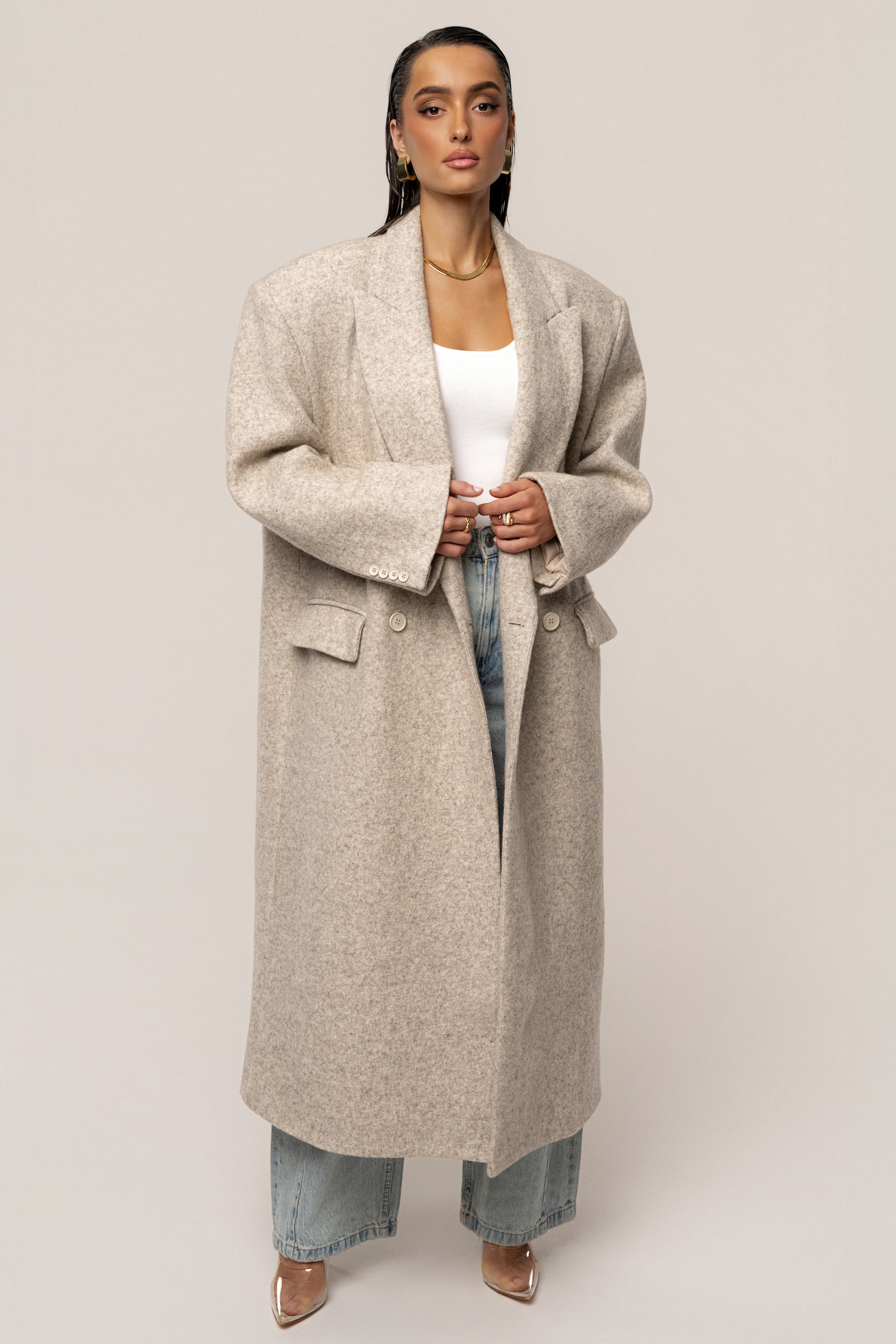 Beige Oversize Double Breasted Coat