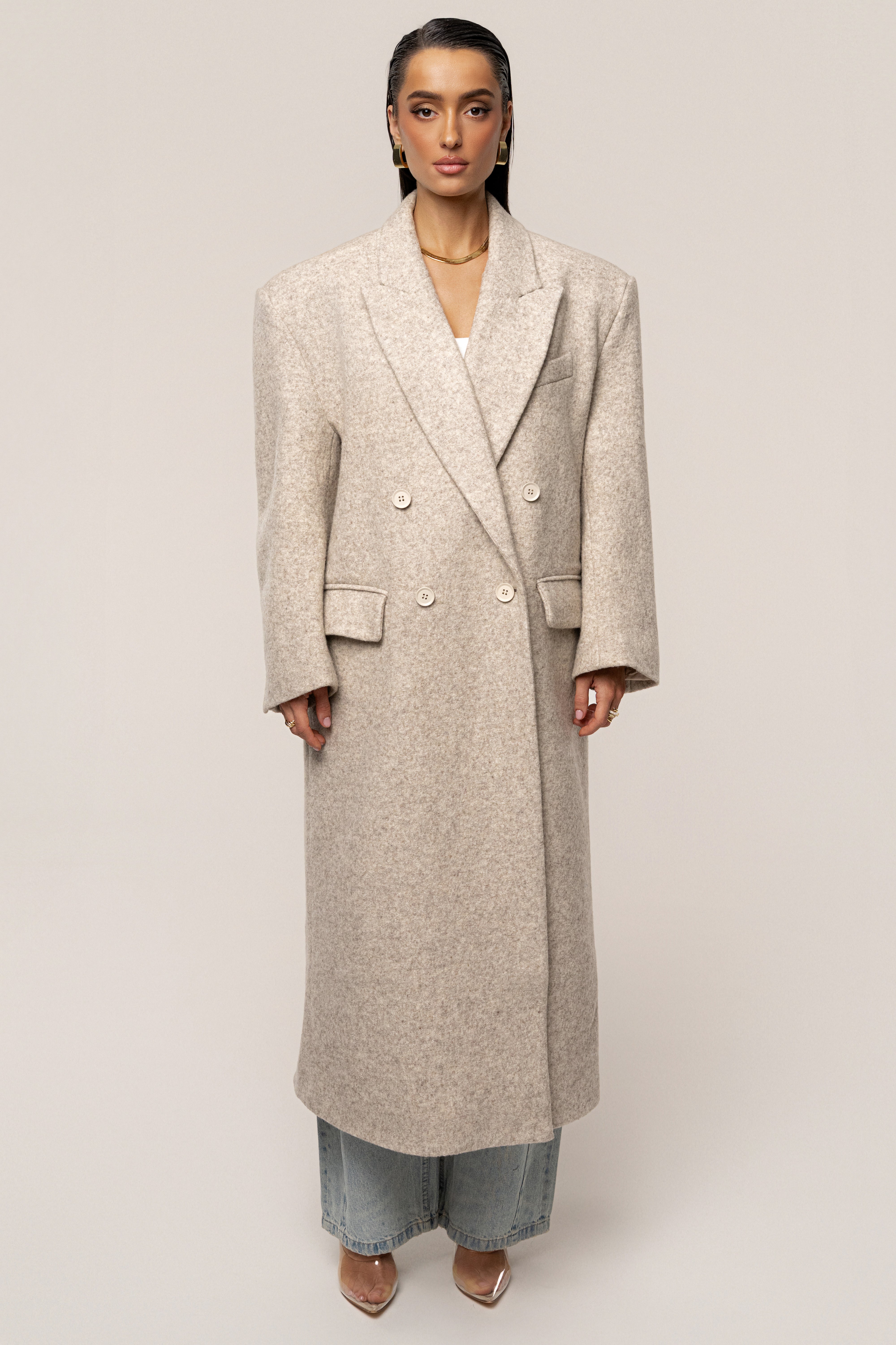 Beige Oversize Double Breasted Coat - JLUXLABEL