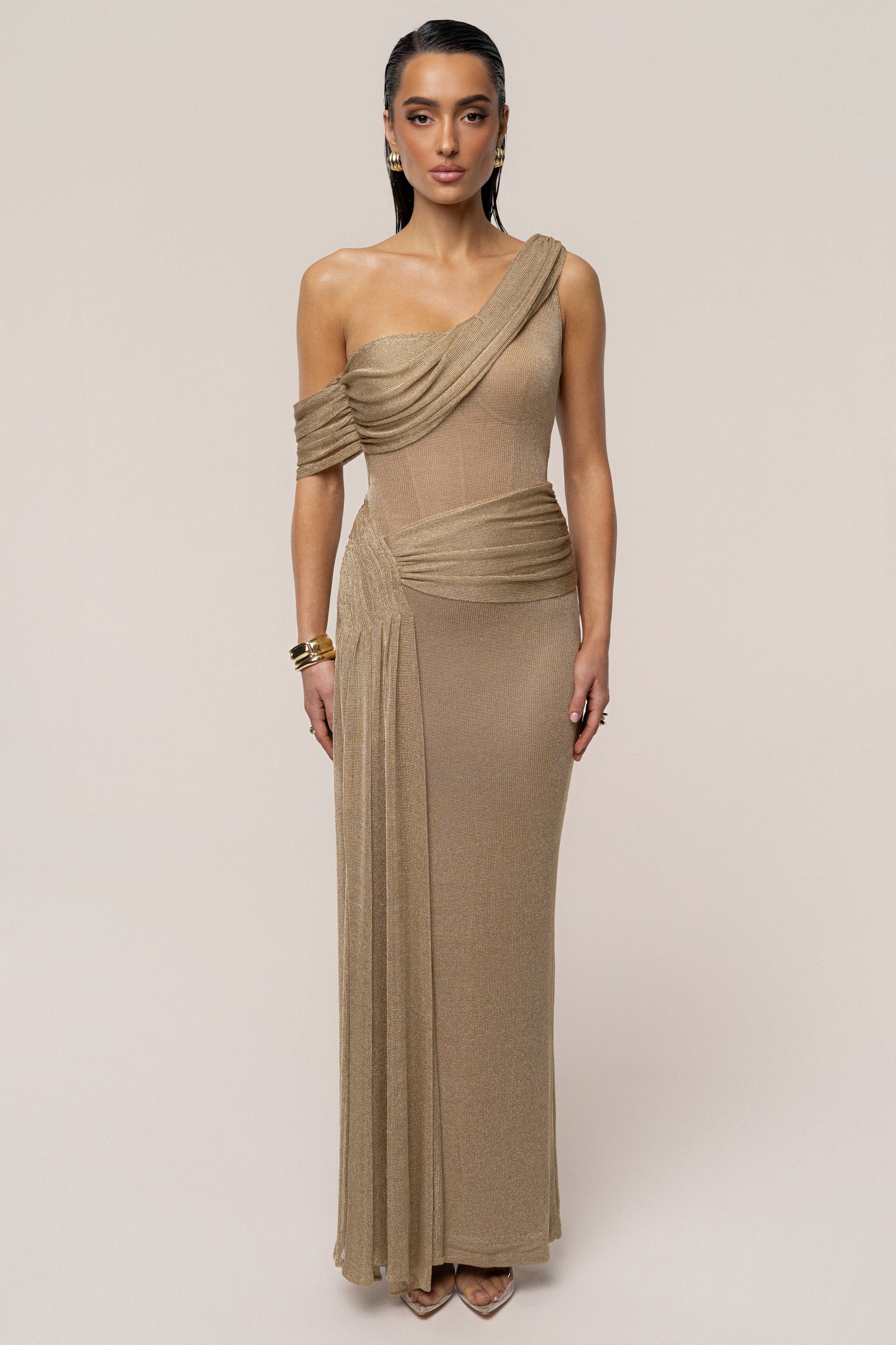 Metallic Stretch Knit Draped Gown In Light Gold main image 0