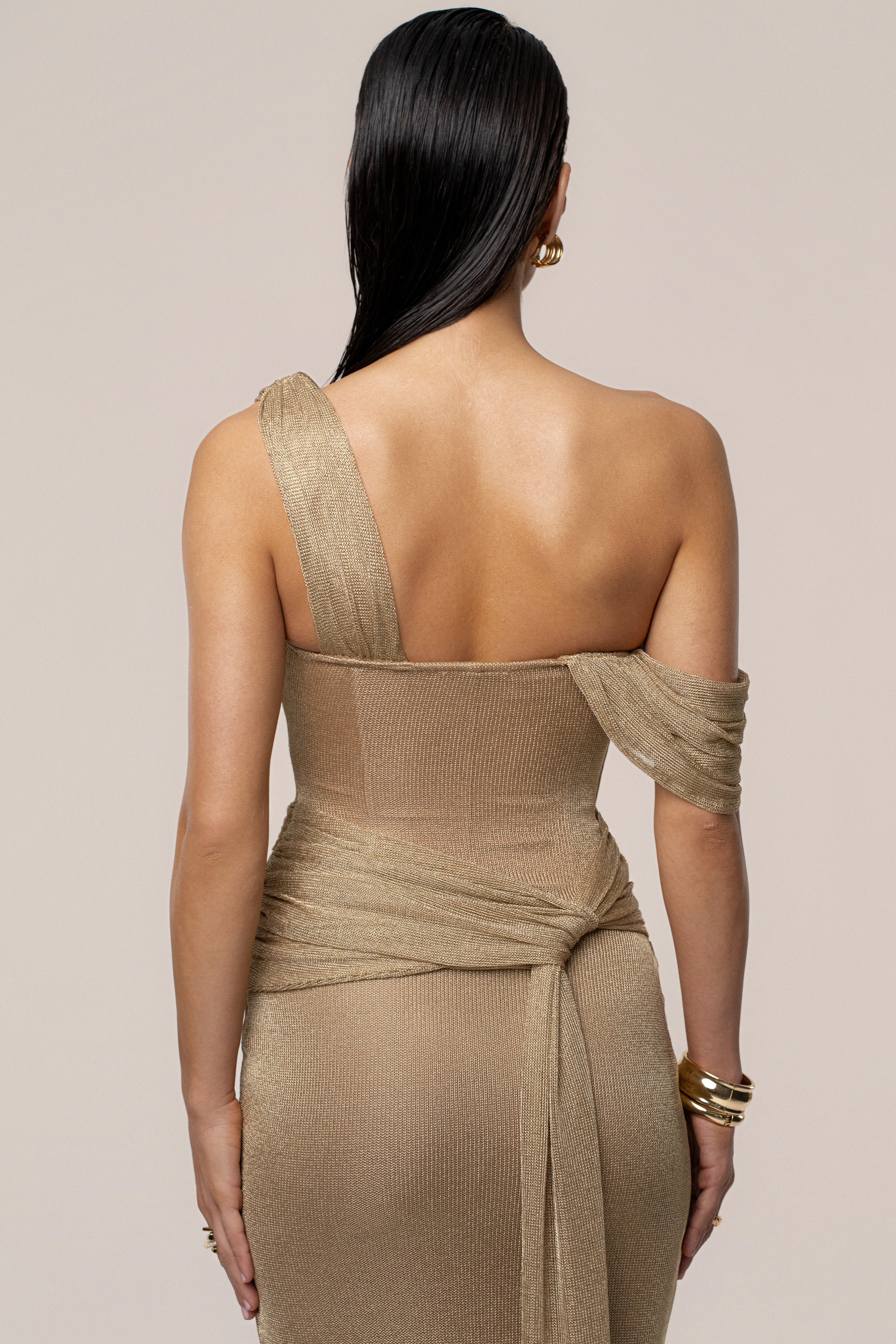 Gold Draped Metallic Maxi Dress