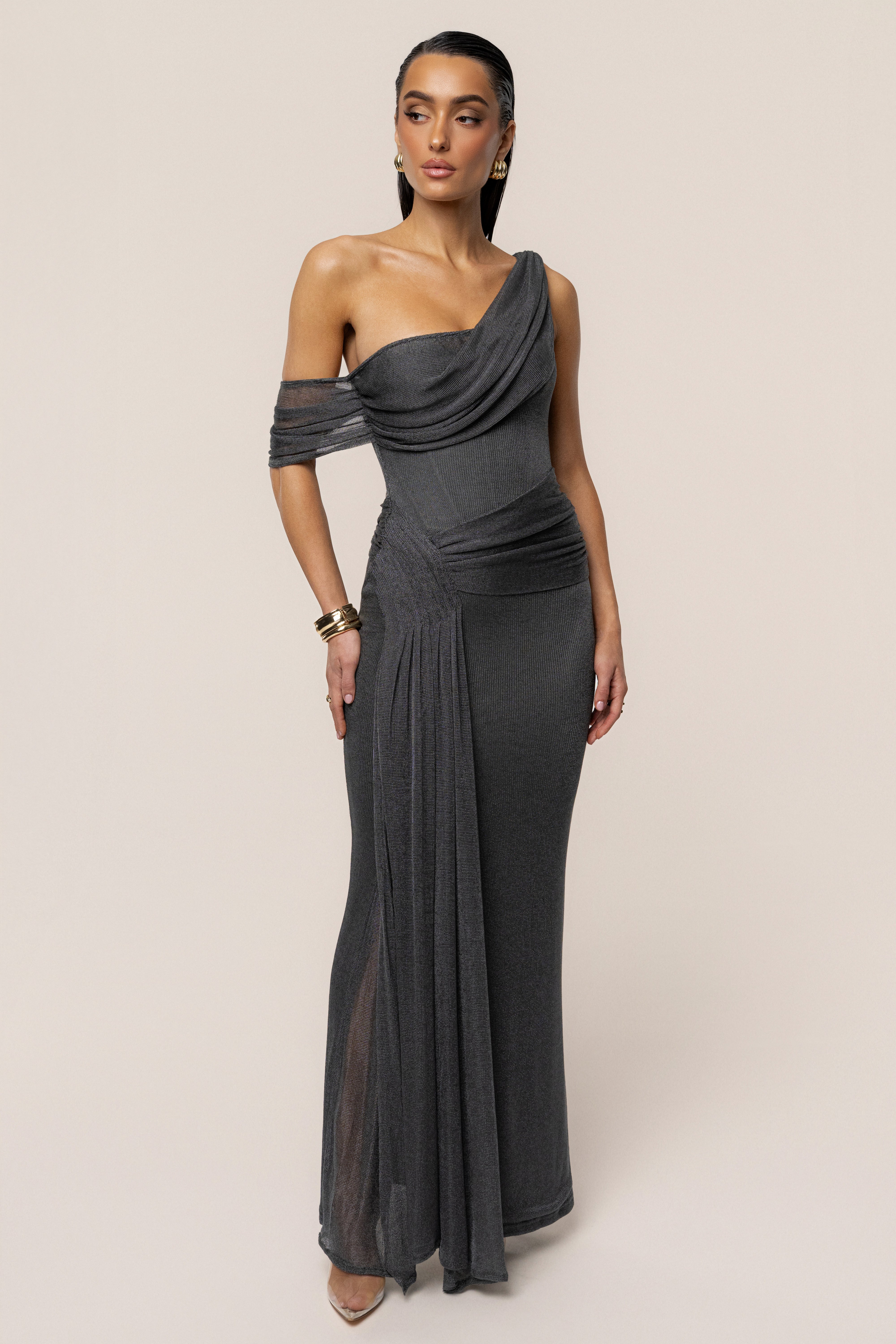Gun Metal Draped Metallic Maxi Dress Gun Metal Draped Metallic Maxi Dress