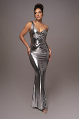 Silver Metallic Belle Maxi Dress - JLUXLABEL