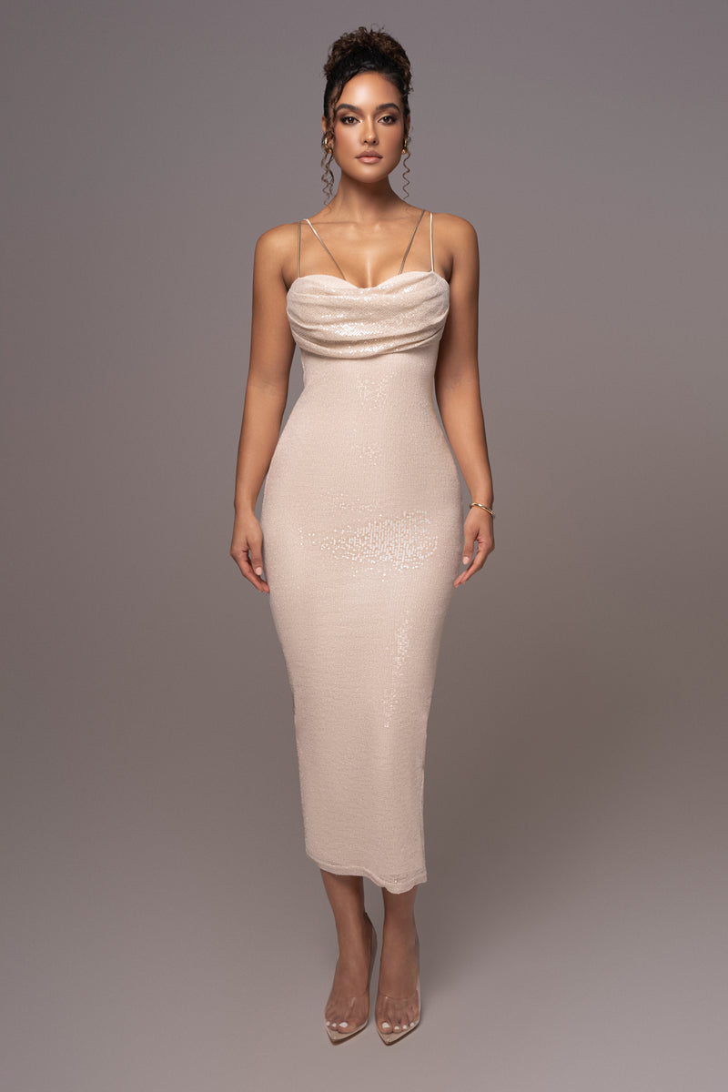 Beige Sequin Visions Of You Midi Dress - JLUXLABEL
