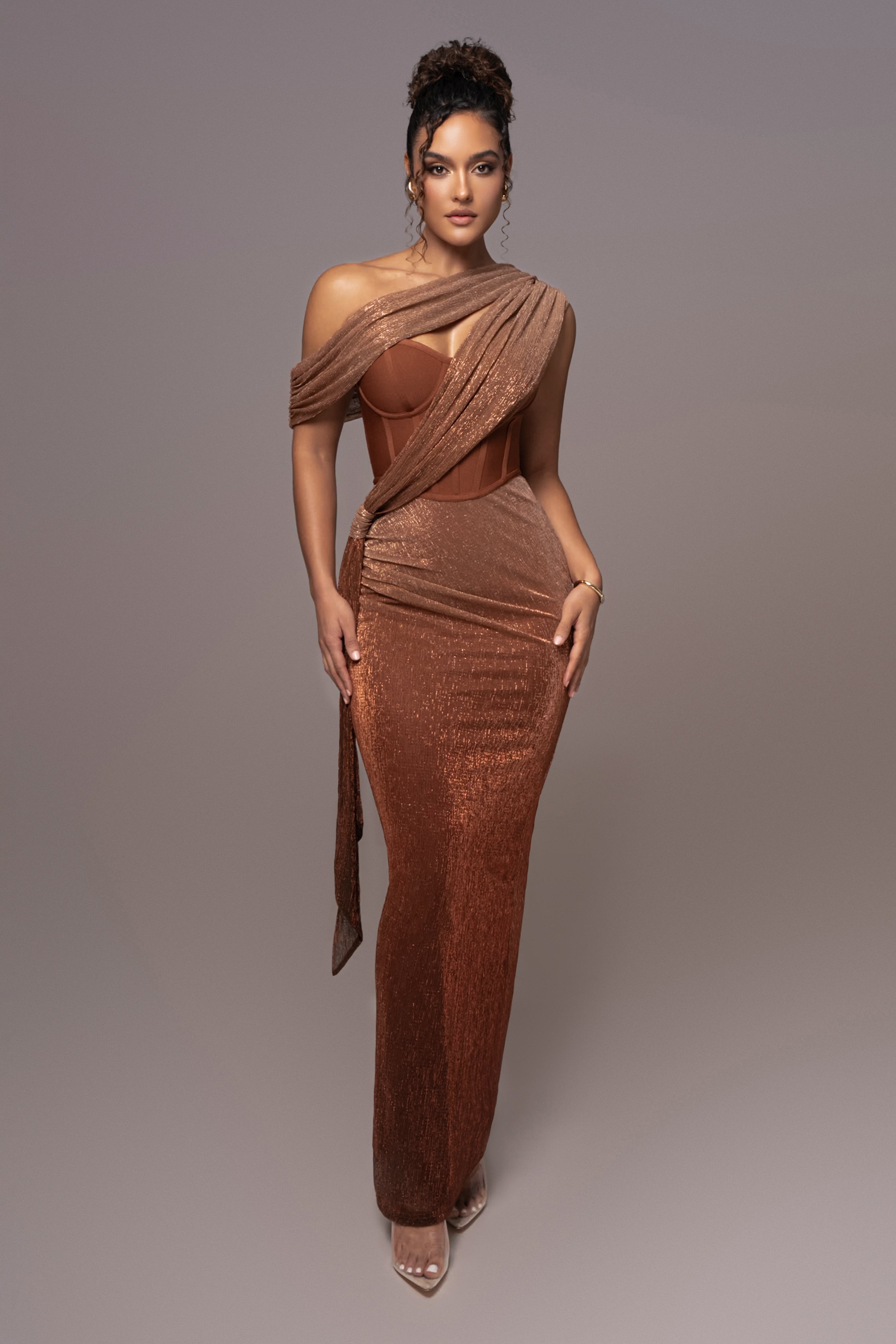 Gold Celestina Draped Maxi Dress by JLUXLABEL, flowing fabric with elegant draping, perfect for special occasions.