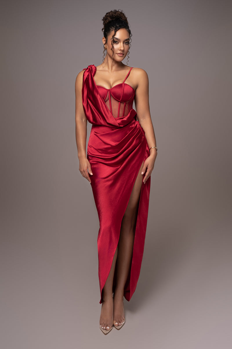 Red Satin Drape Detail Maxi Dress