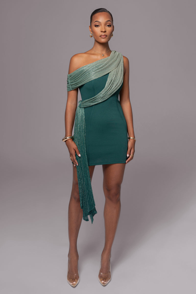 Green Asymmetric Drape Mini Dress