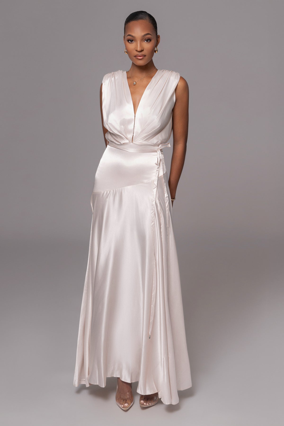 Elegant Champagne Amalia satin maxi dress by JLUXLABEL, featuring a flowing silhouette and luxurious fabric.