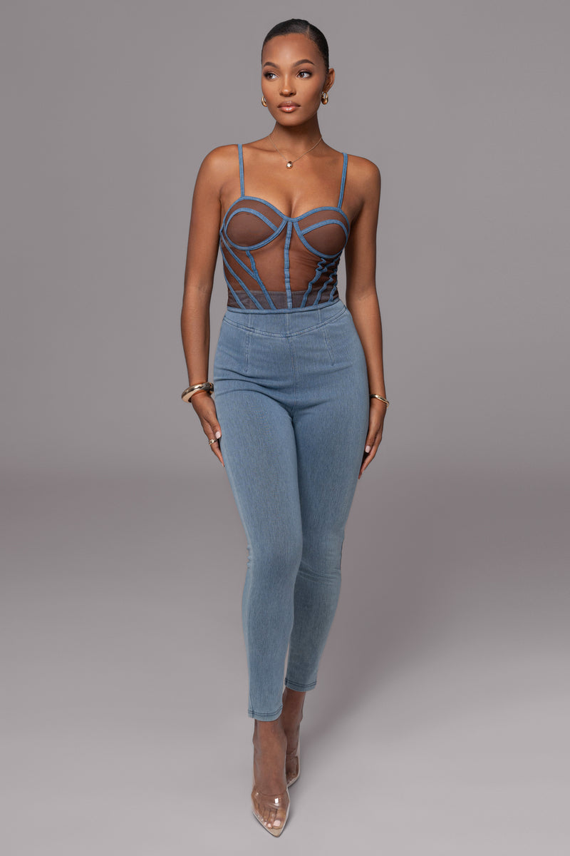 Bustier en maille illusion en denim foncé