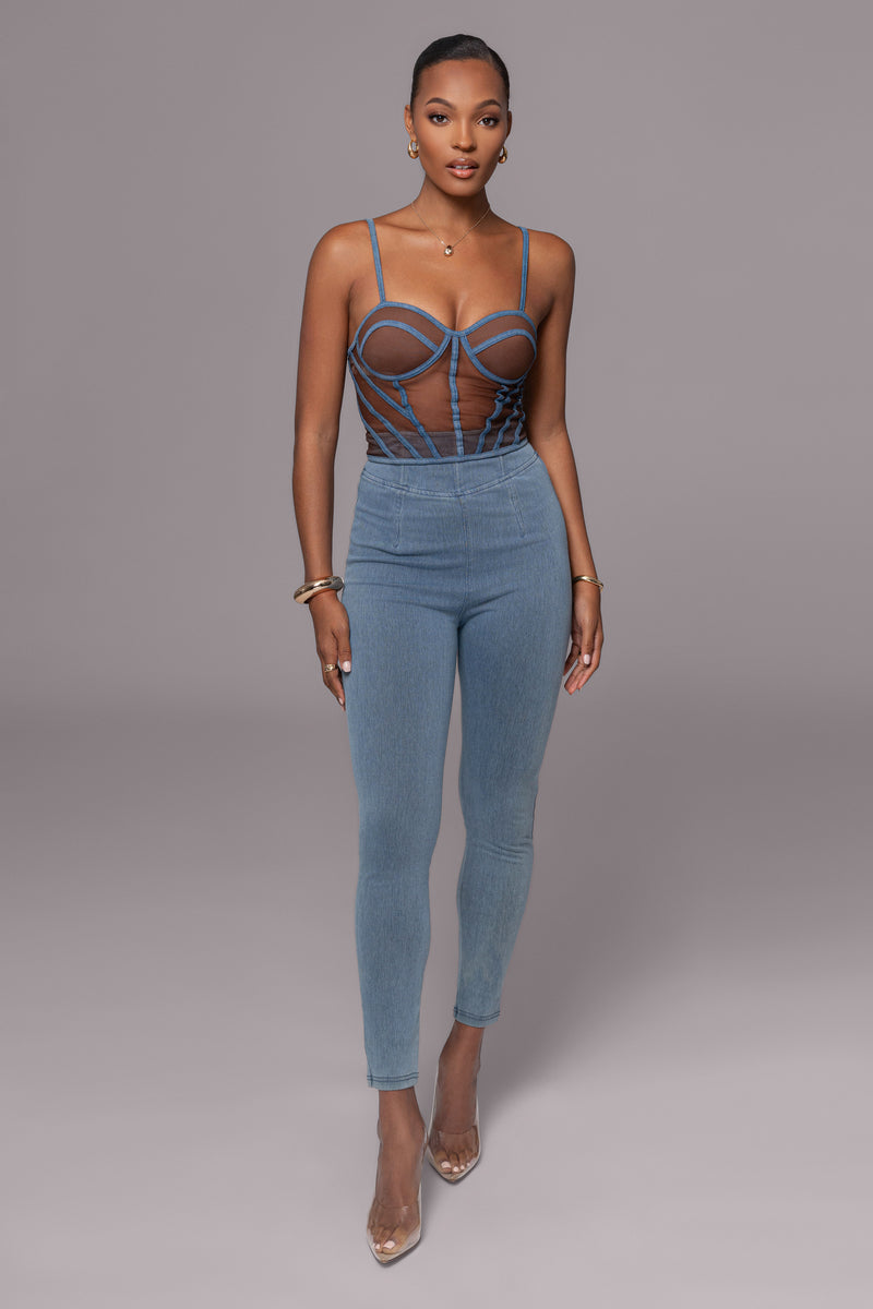 Bustier en maille illusion en denim foncé