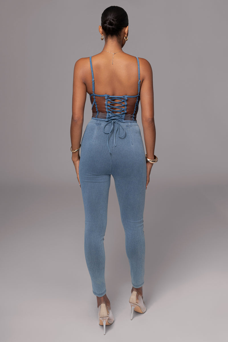 Bustier en maille illusion en denim foncé