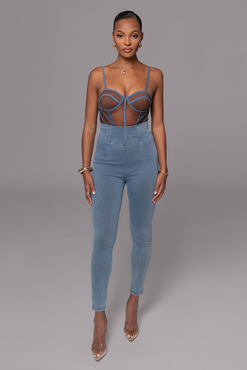 Bustier en maille illusion en denim foncé