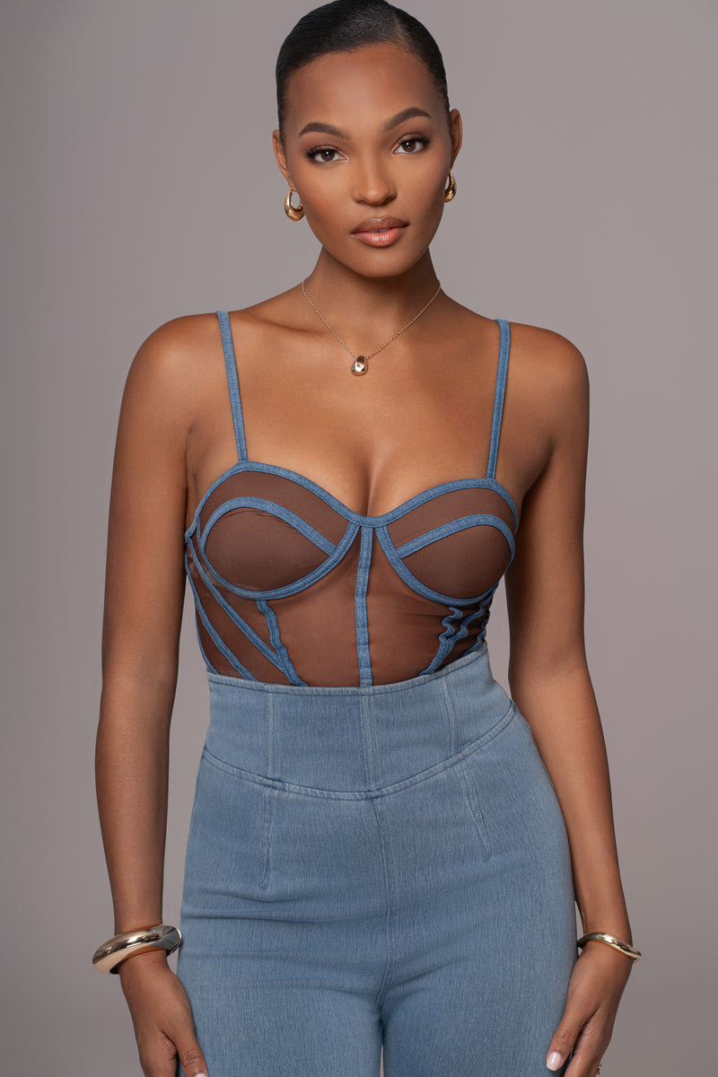 Bustier en maille illusion en denim foncé