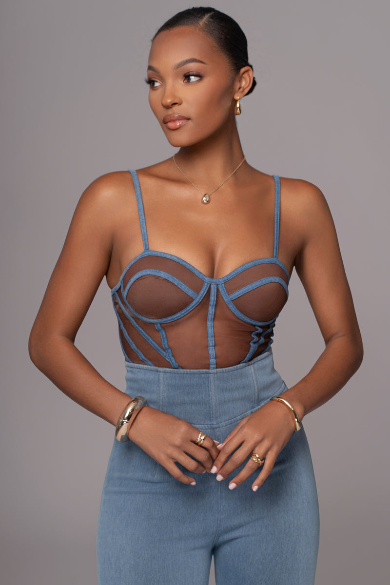 Bustier en maille illusion en denim foncé