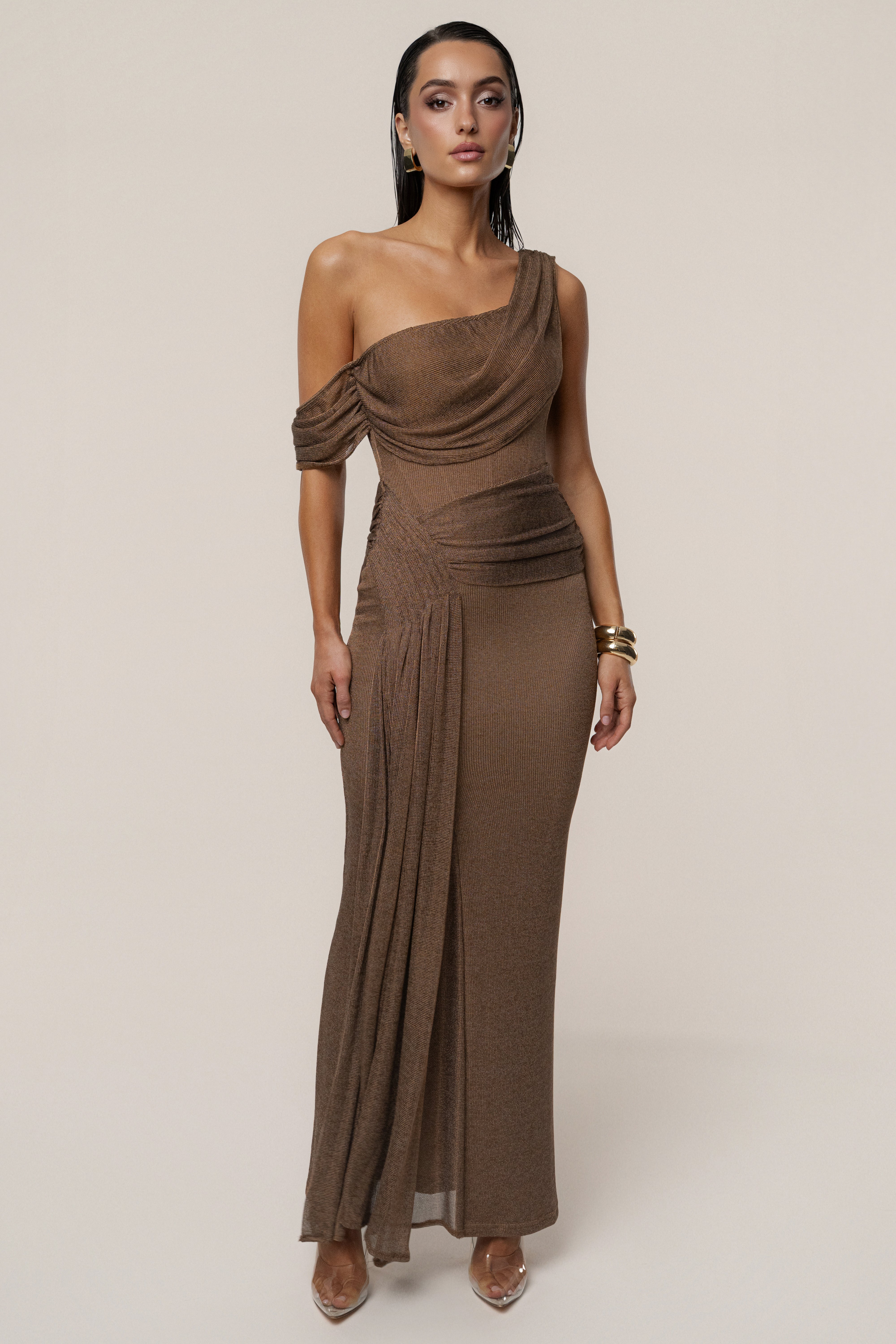 LE’RURE　drape design dress　ブラウン　M Bronze Draped Metallic Maxi Dress