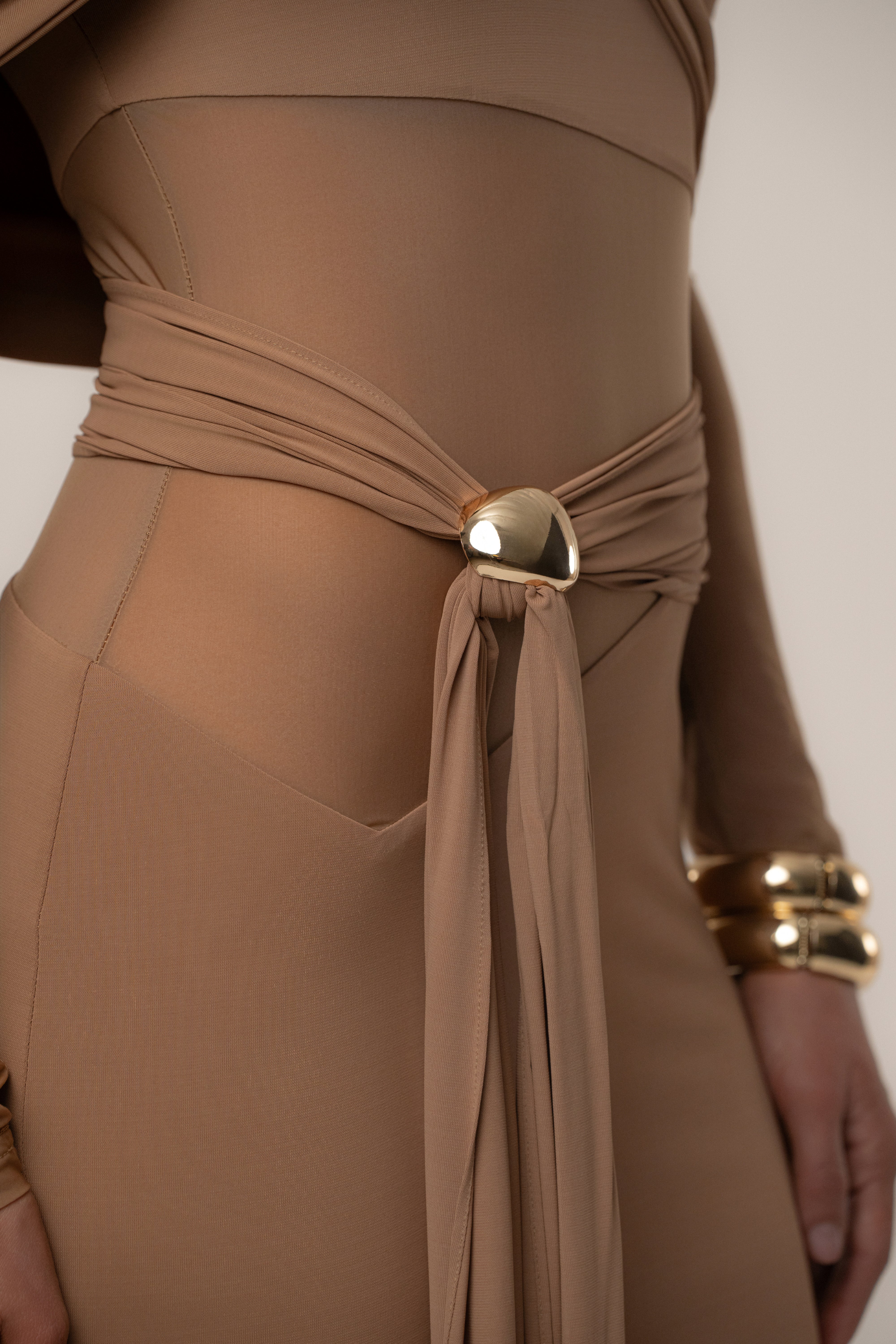 Beige Glow State Drape Dress - JLUXLABEL