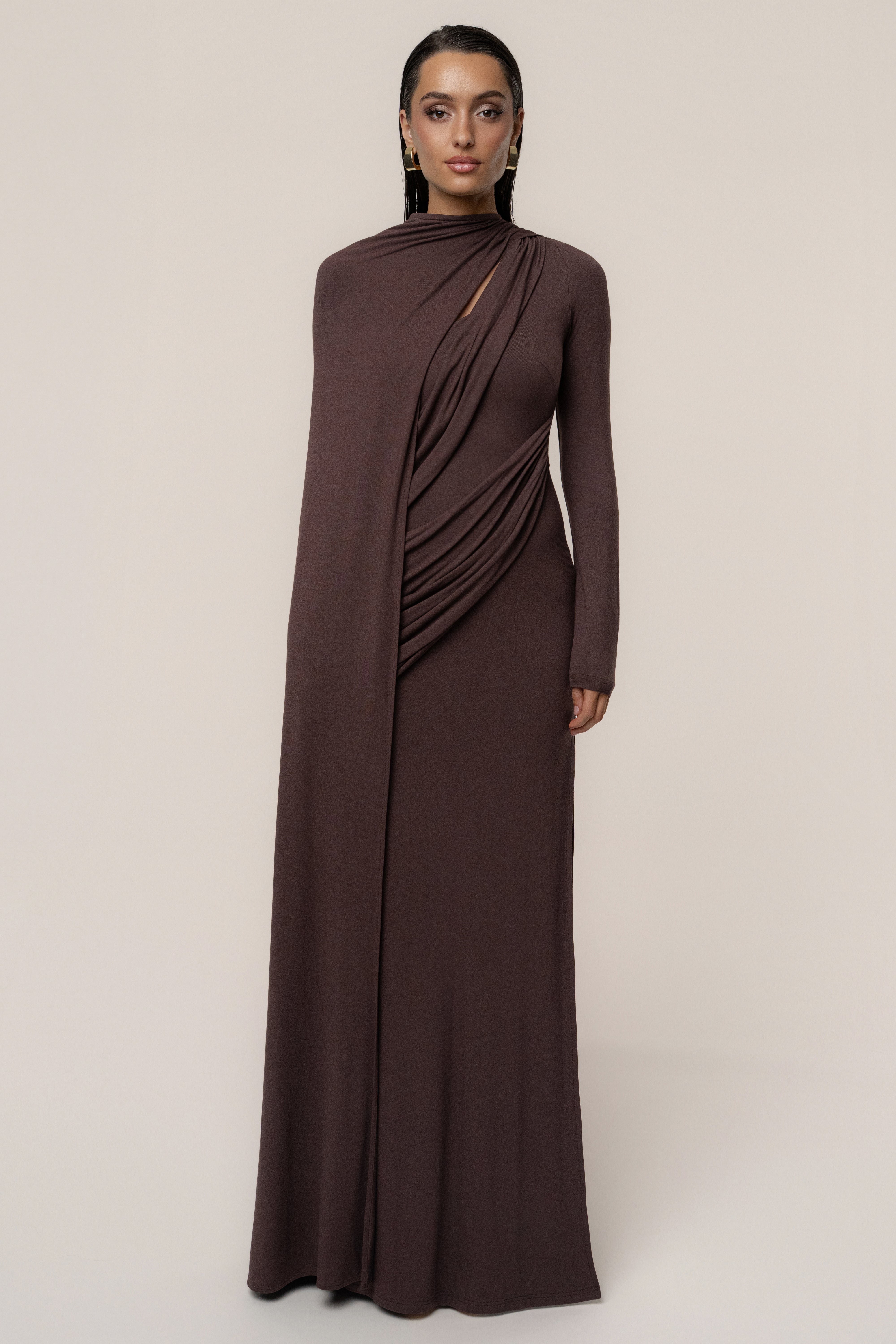 Chocolate Draped Elegance Cape Dress
