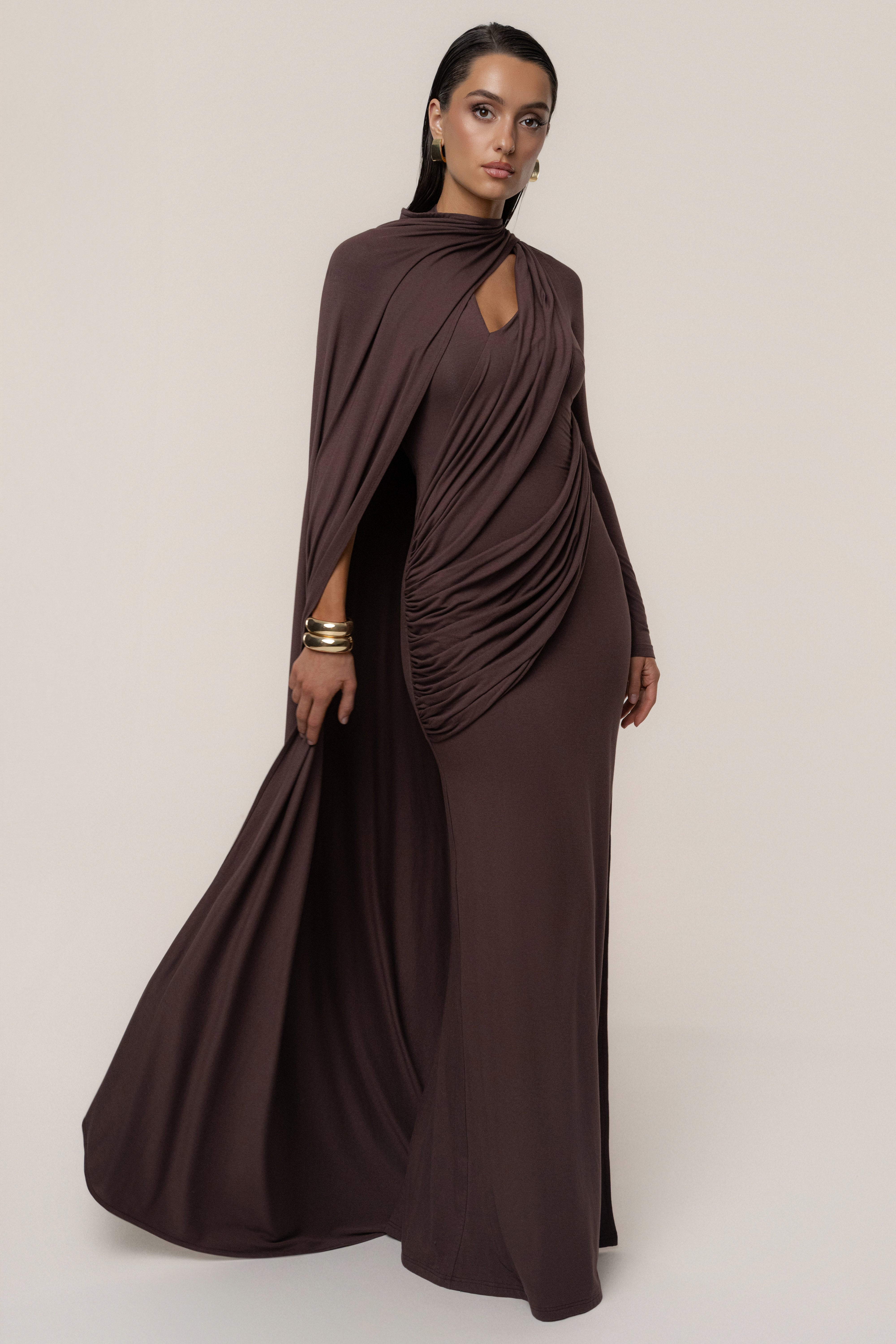 Chocolate Draped Elegance Cape Dress - JLUXLABEL