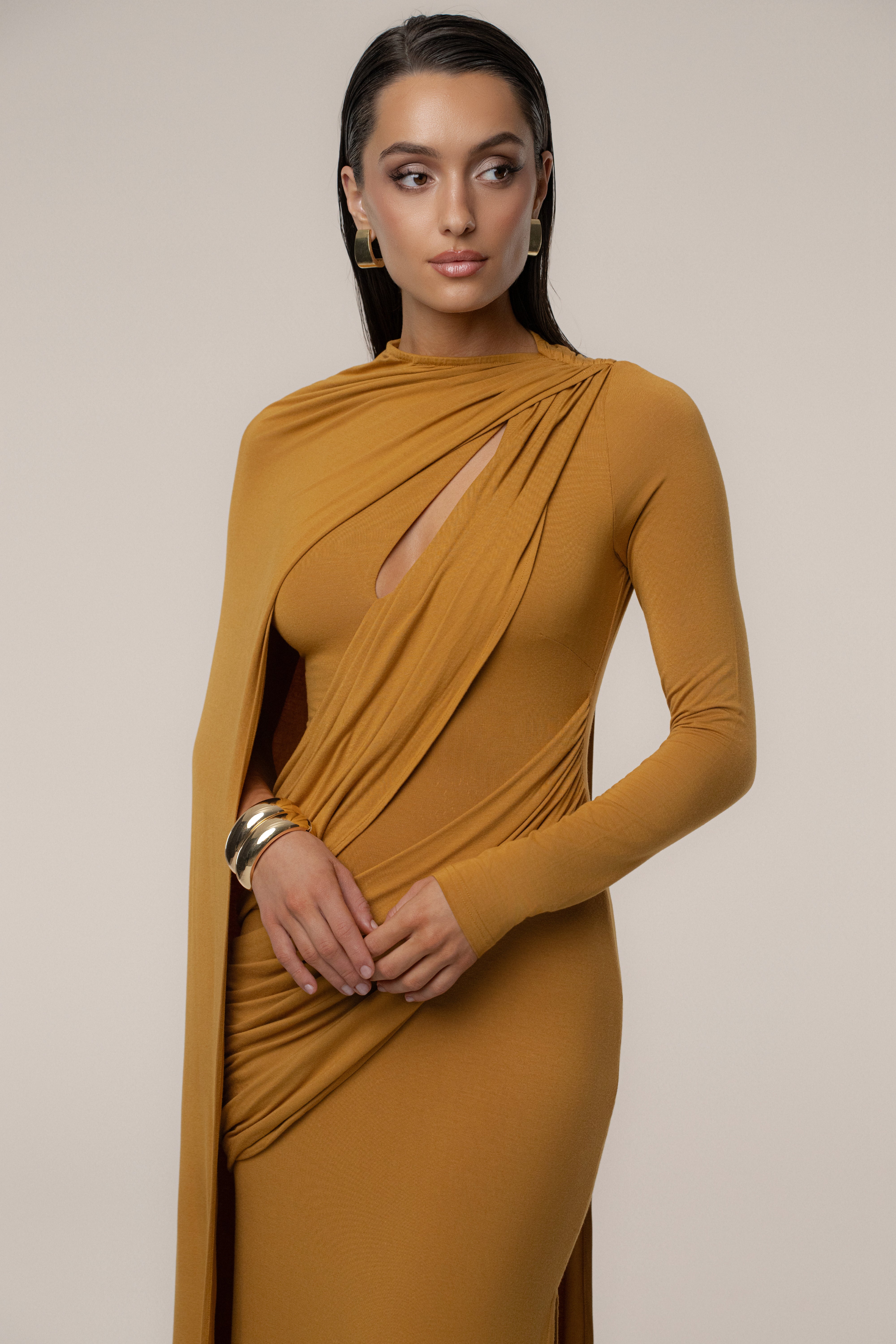 Gold Draped Elegance Cape Dress
