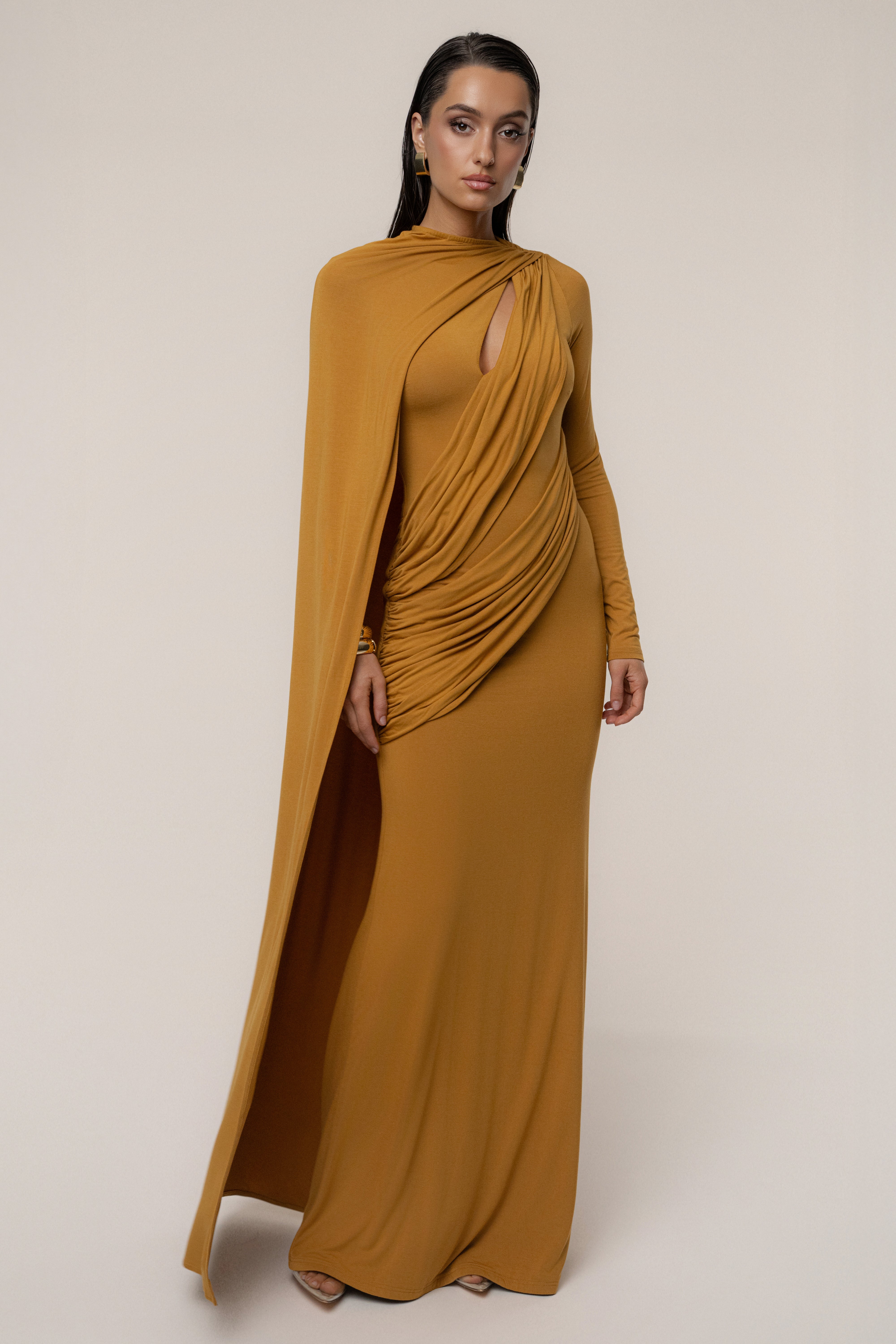 Gold Draped Elegance Cape Dress - JLUXLABEL