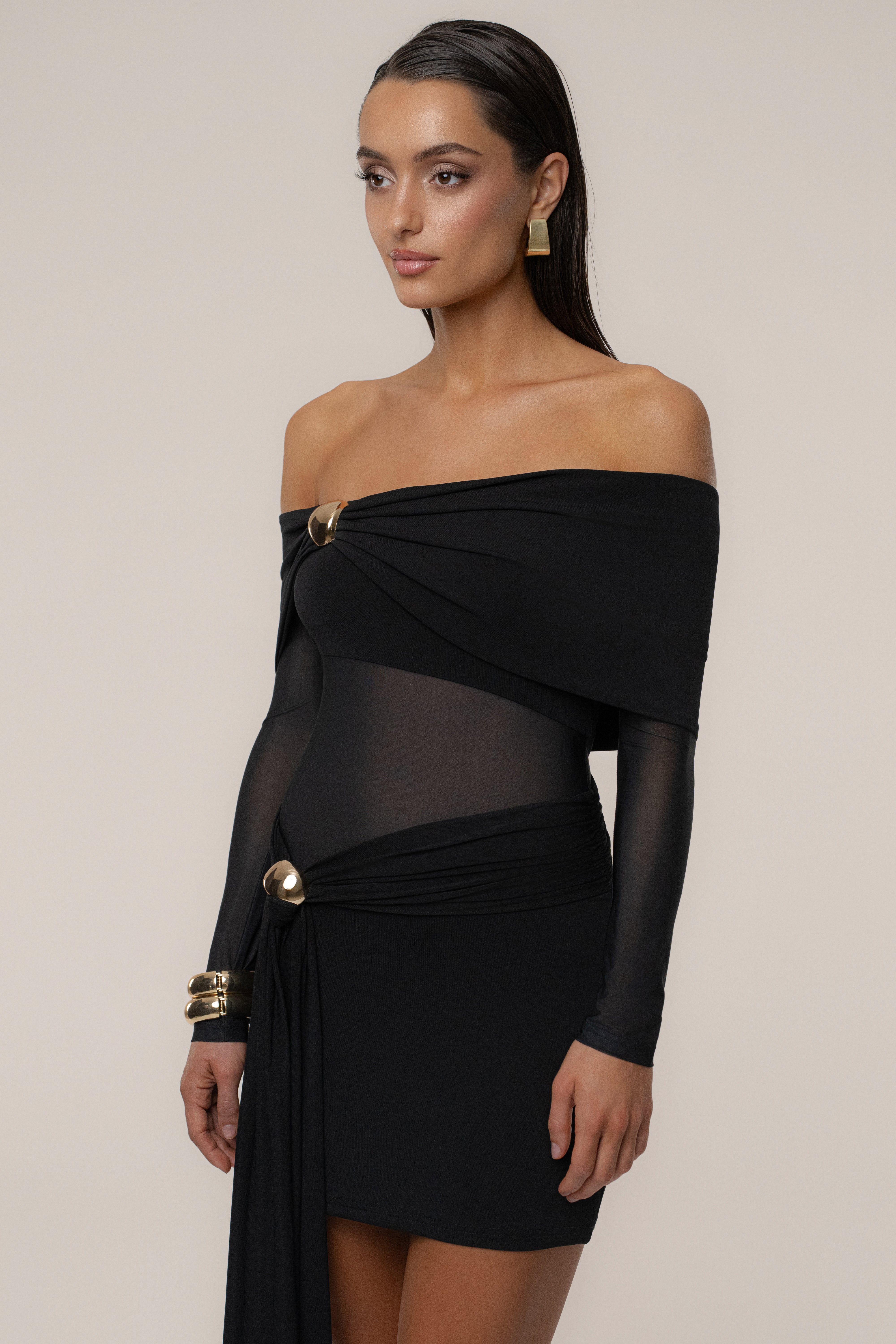 Black Glow State Drape Dress - JLUXLABEL