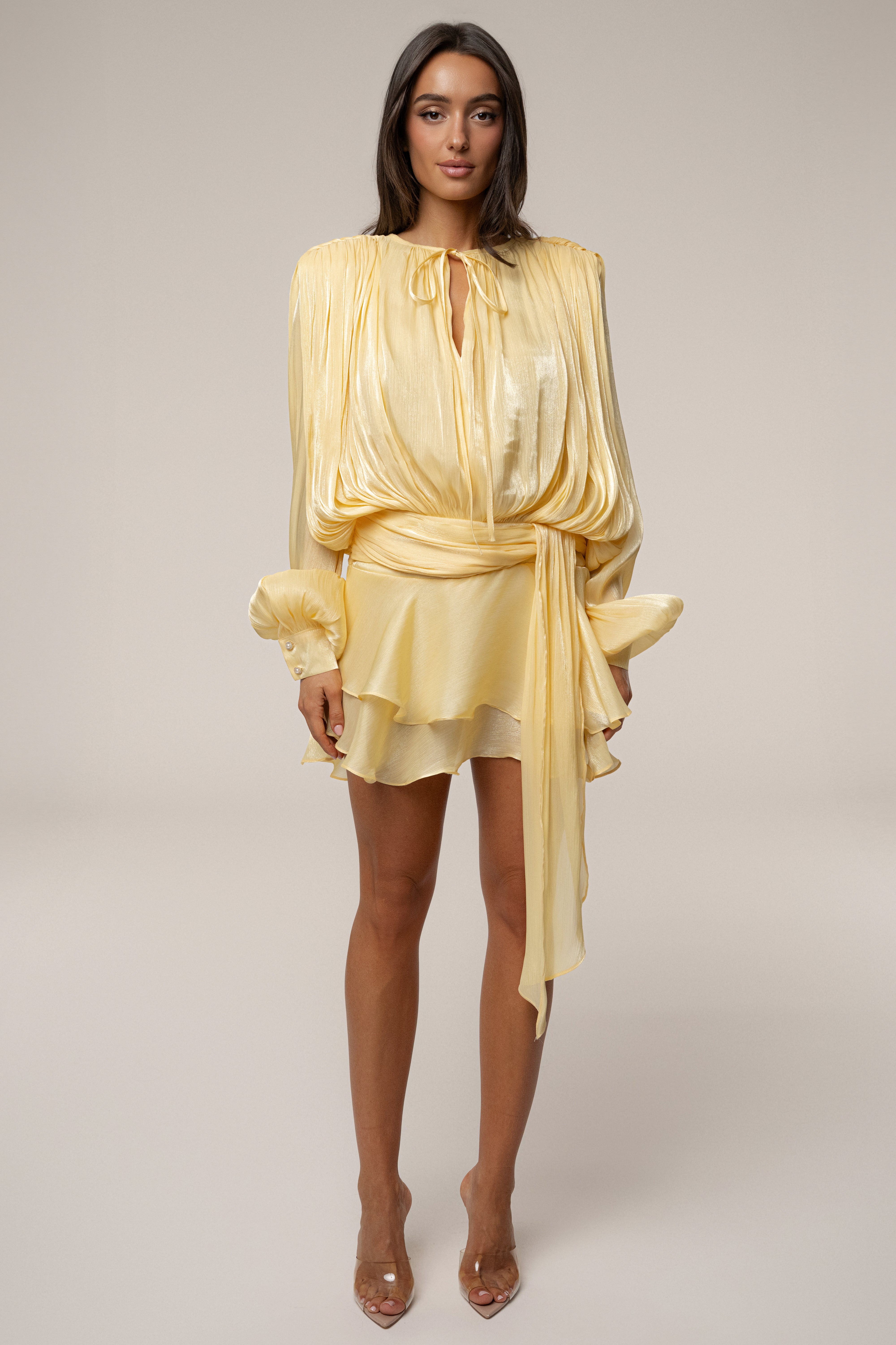 Yellow Pure Glow Draped Mini Dress - JLUXLABEL