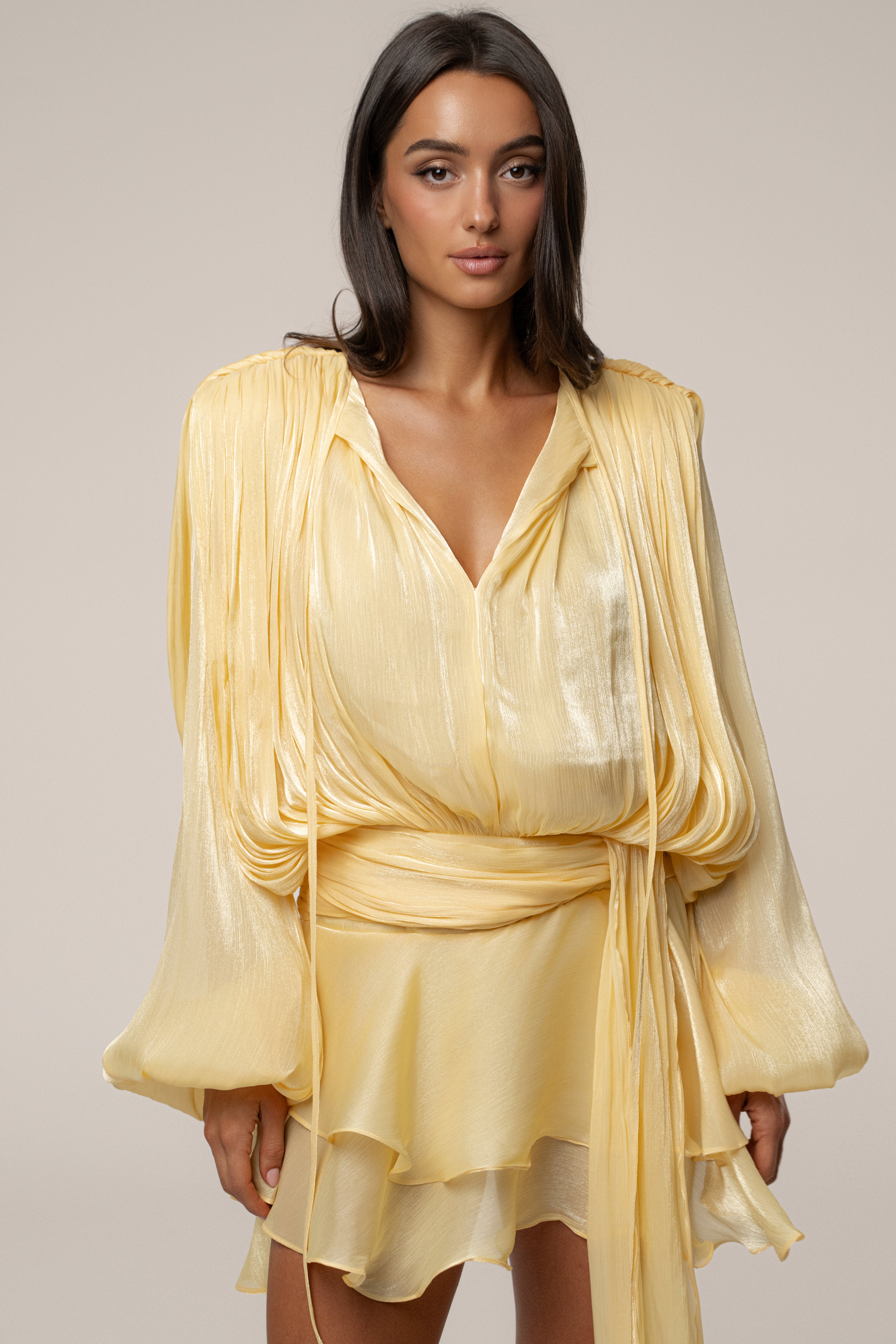 Yellow Pure Glow Draped Mini Dress - JLUXLABEL