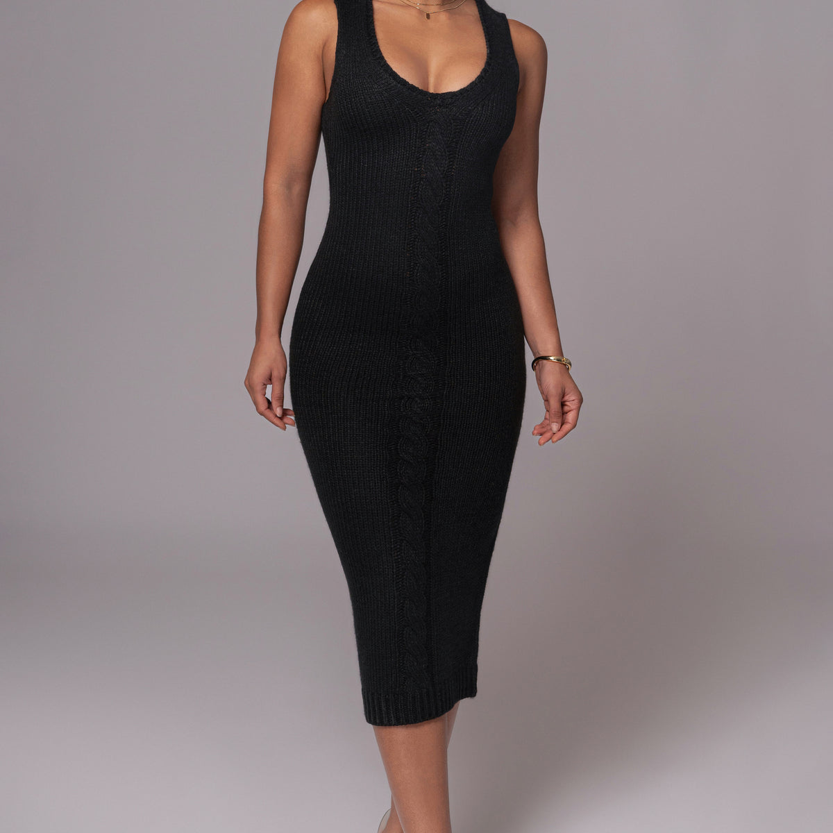 Black Sleeveless Cable Knit Dress