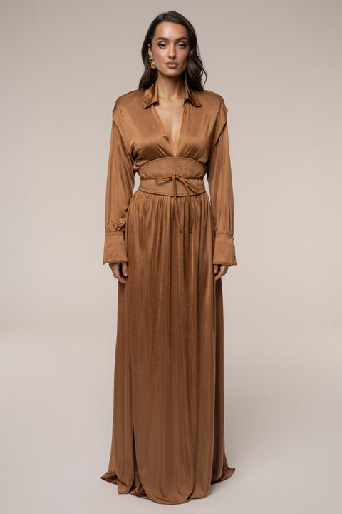 Tan High Line Collar Maxi Dress