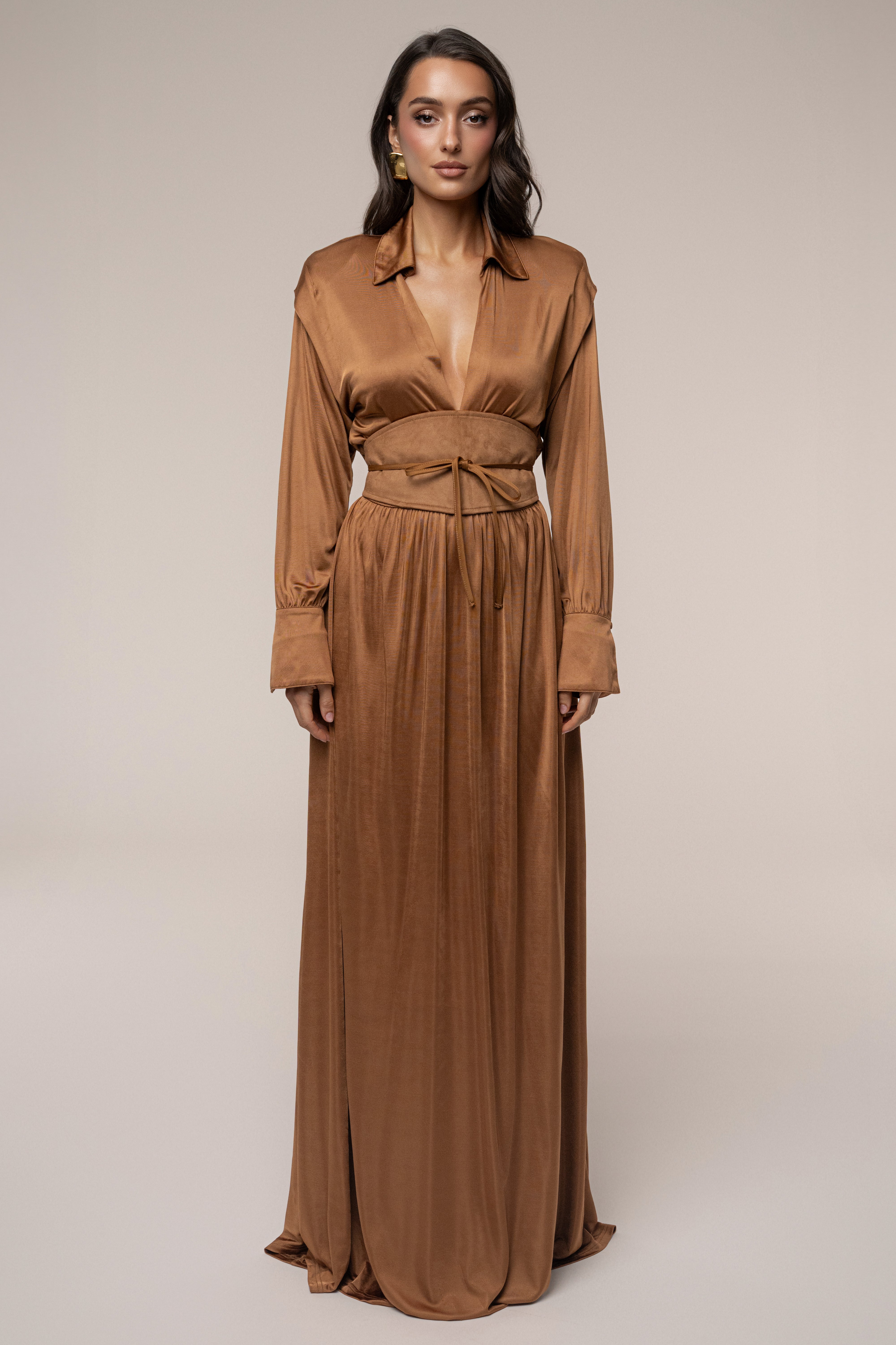 Tan High Line Collar Maxi Dress - JLUXLABEL