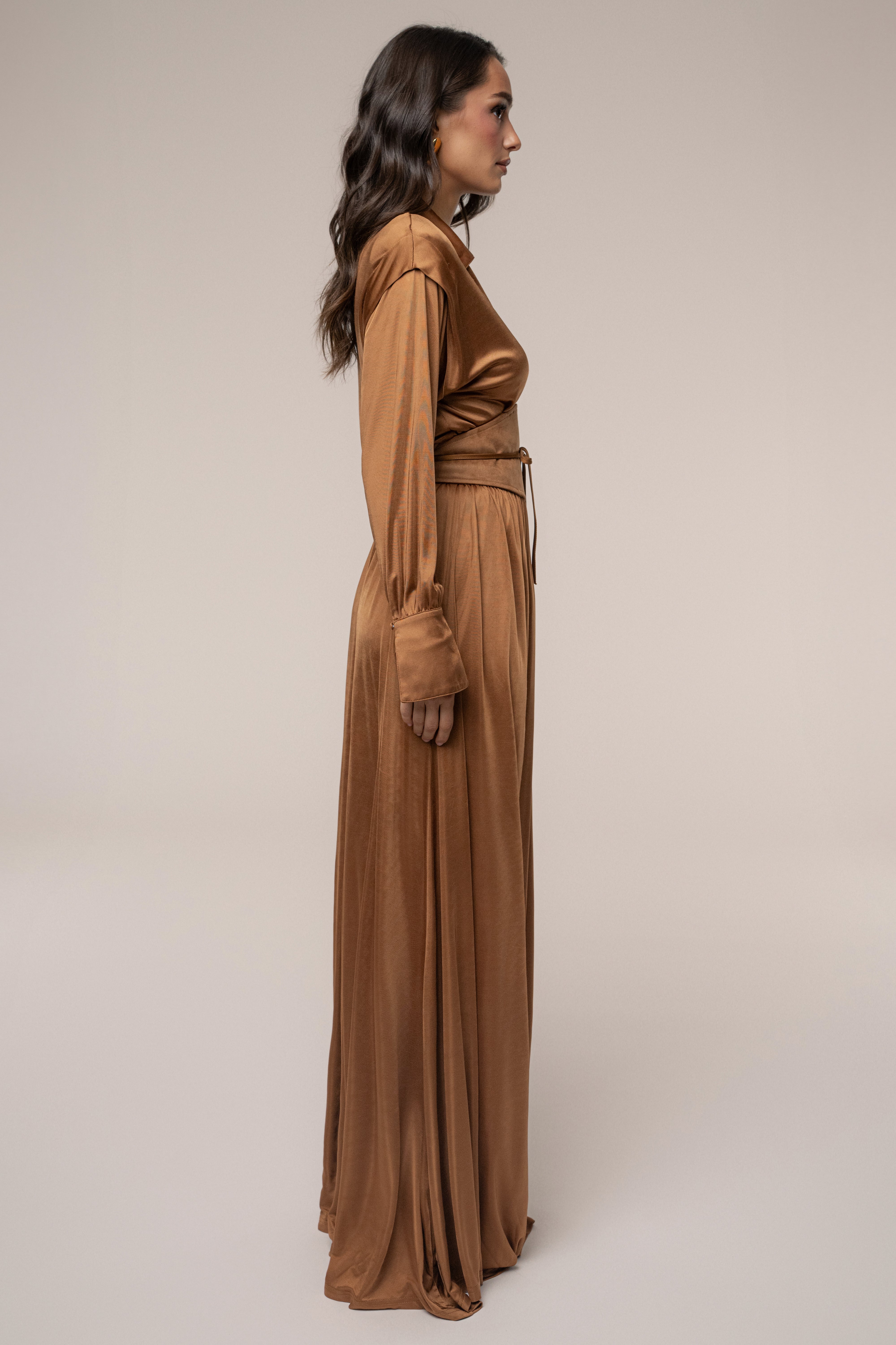 Tan High Line Collar Maxi Dress - JLUXLABEL