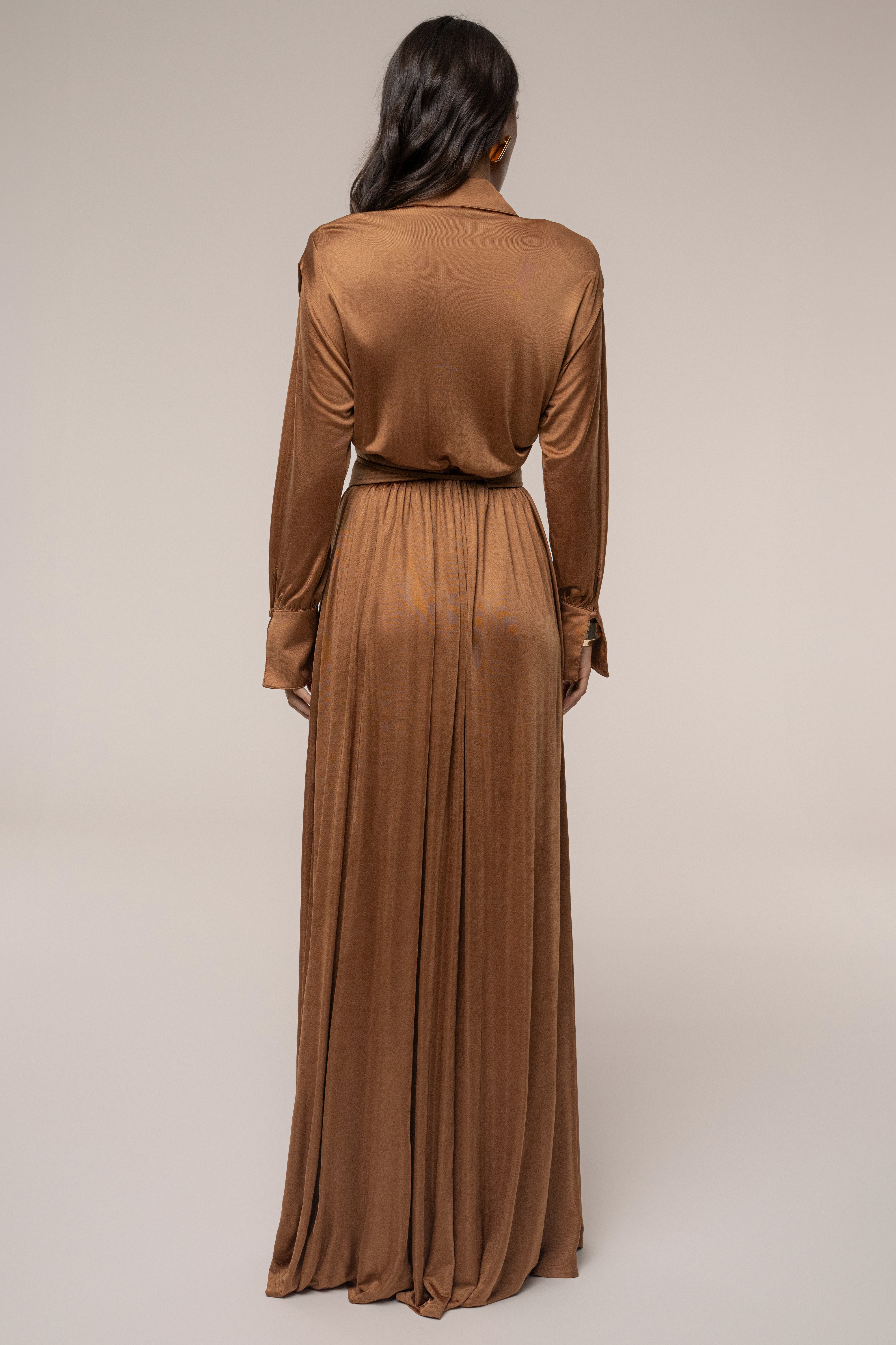 Tan High Line Collar Maxi Dress - JLUXLABEL