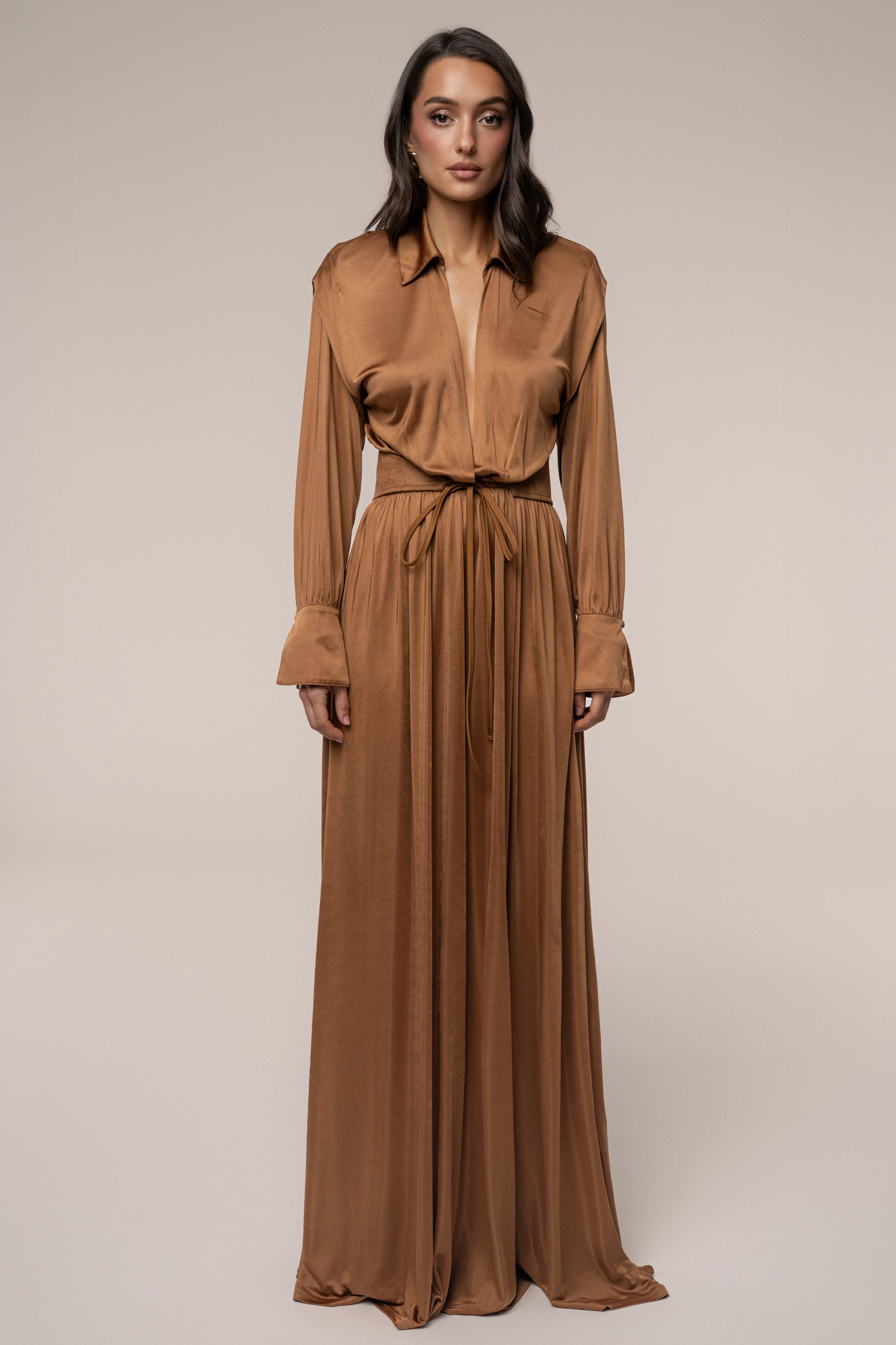 Tan High Line Collar Maxi Dress - JLUXLABEL