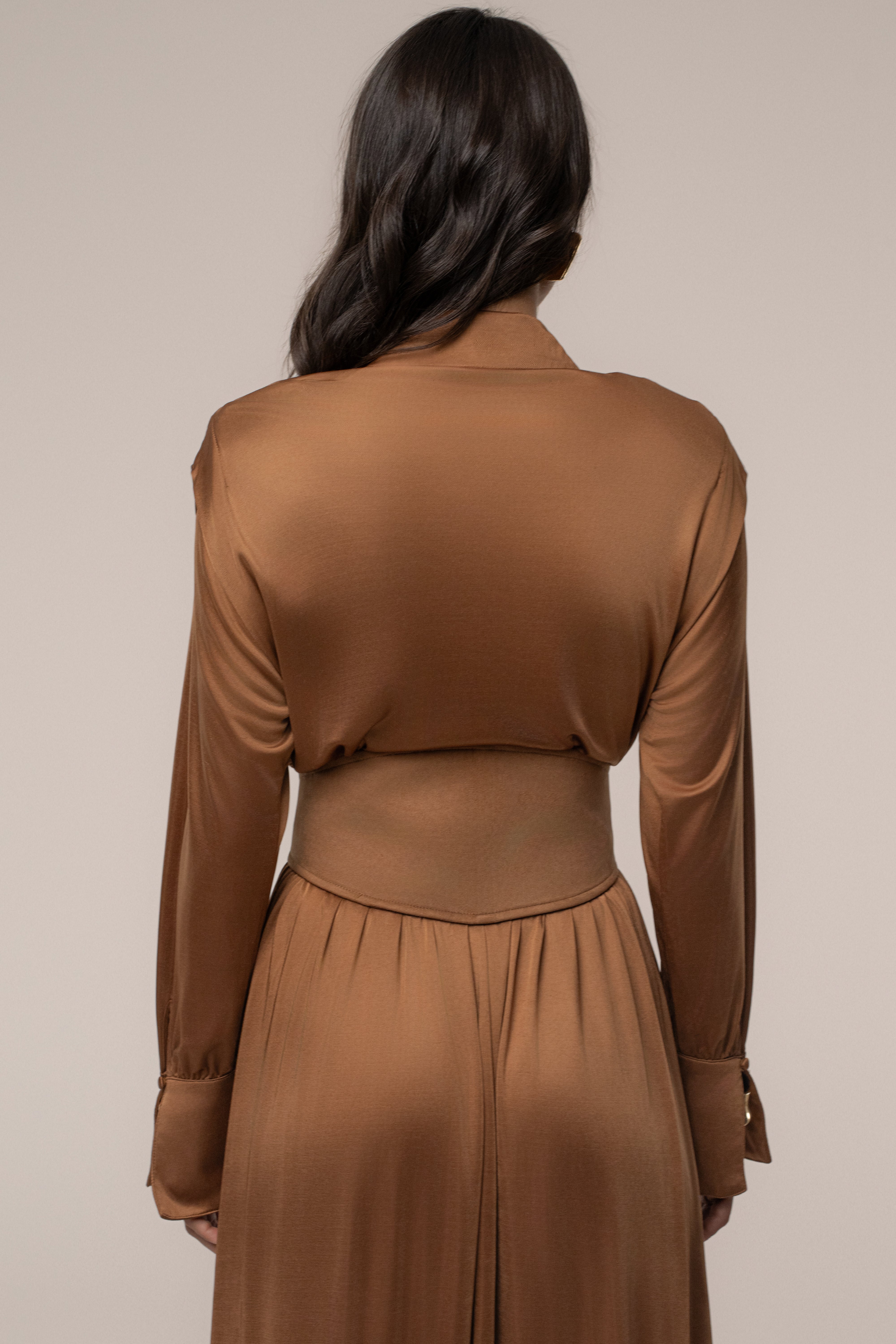 Tan High Line Collar Maxi Dress - JLUXLABEL