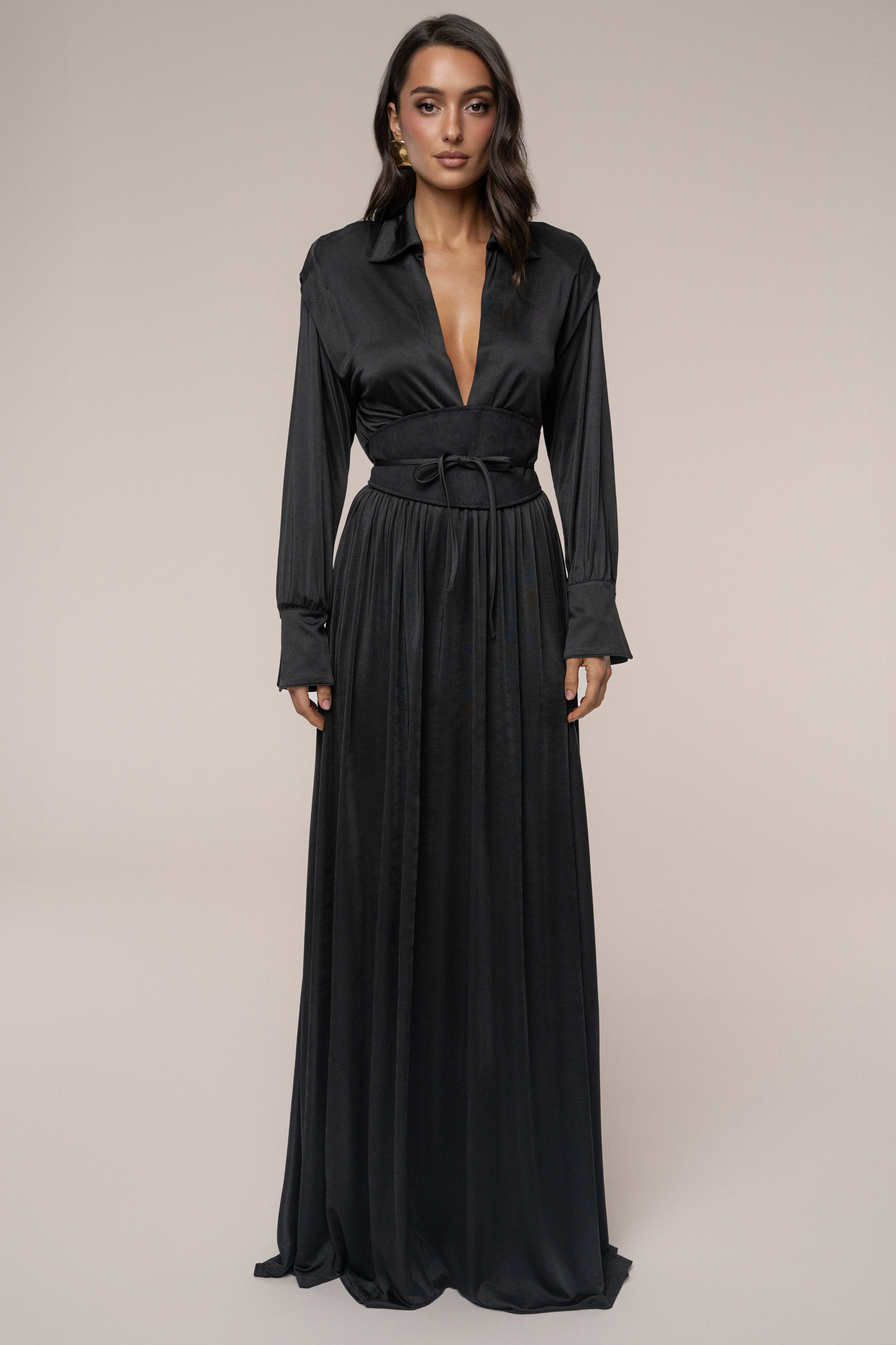 Black High Line Collar Maxi Dress - JLUXLABEL