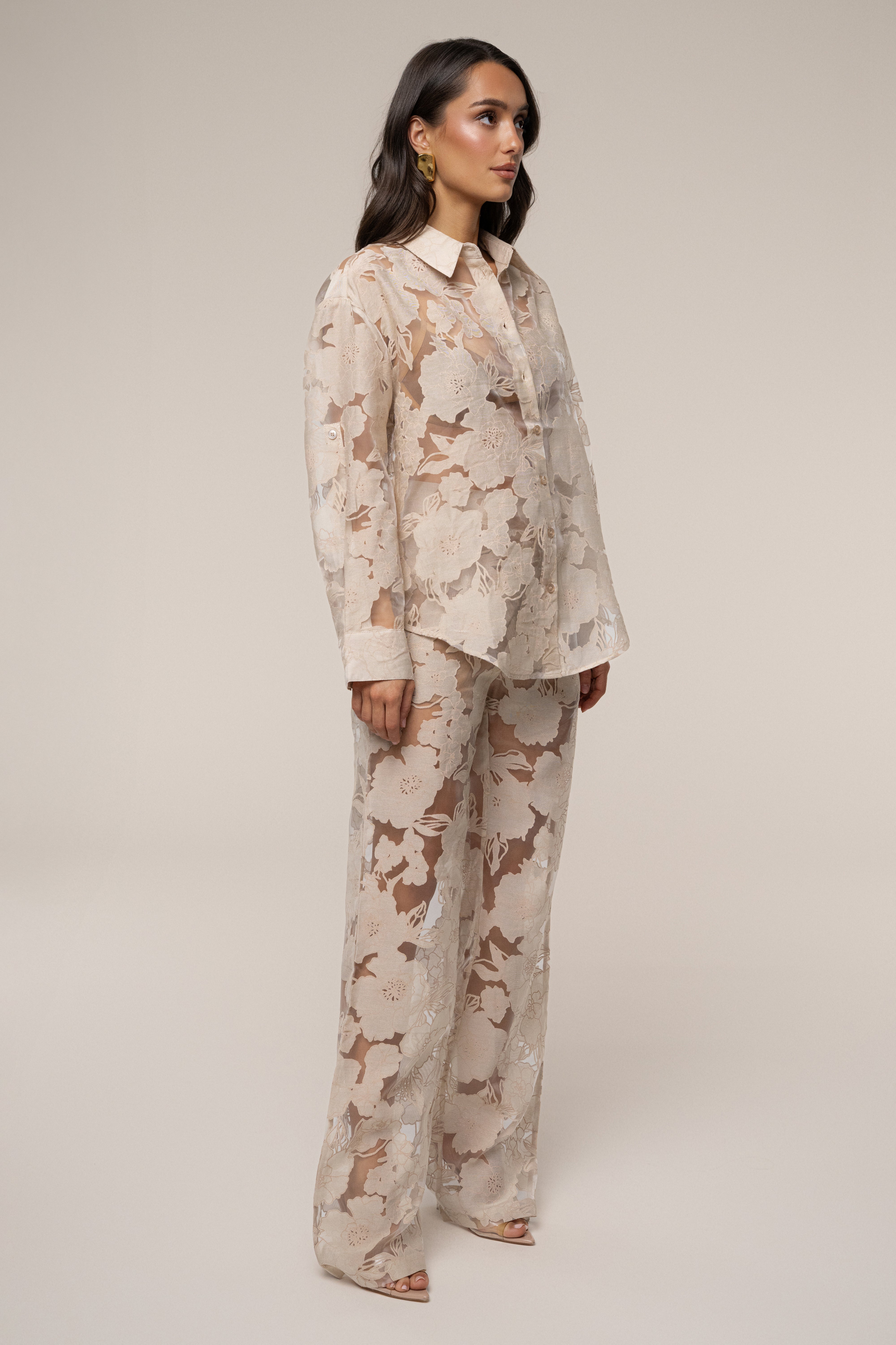 Beige Organza Floral Blouse