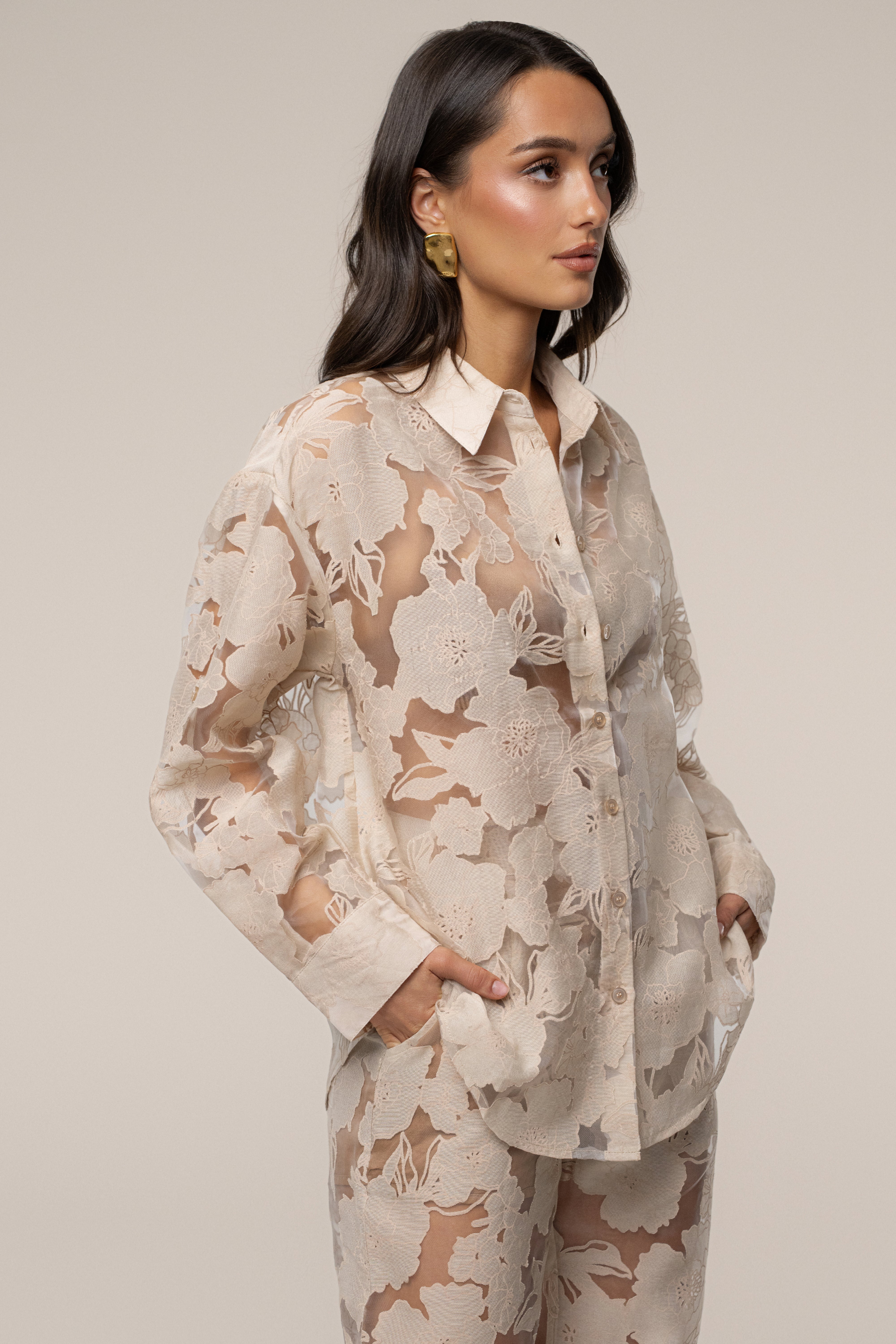 PRE-ORDER Beige Organza Floral Blouse | JLUXLABEL