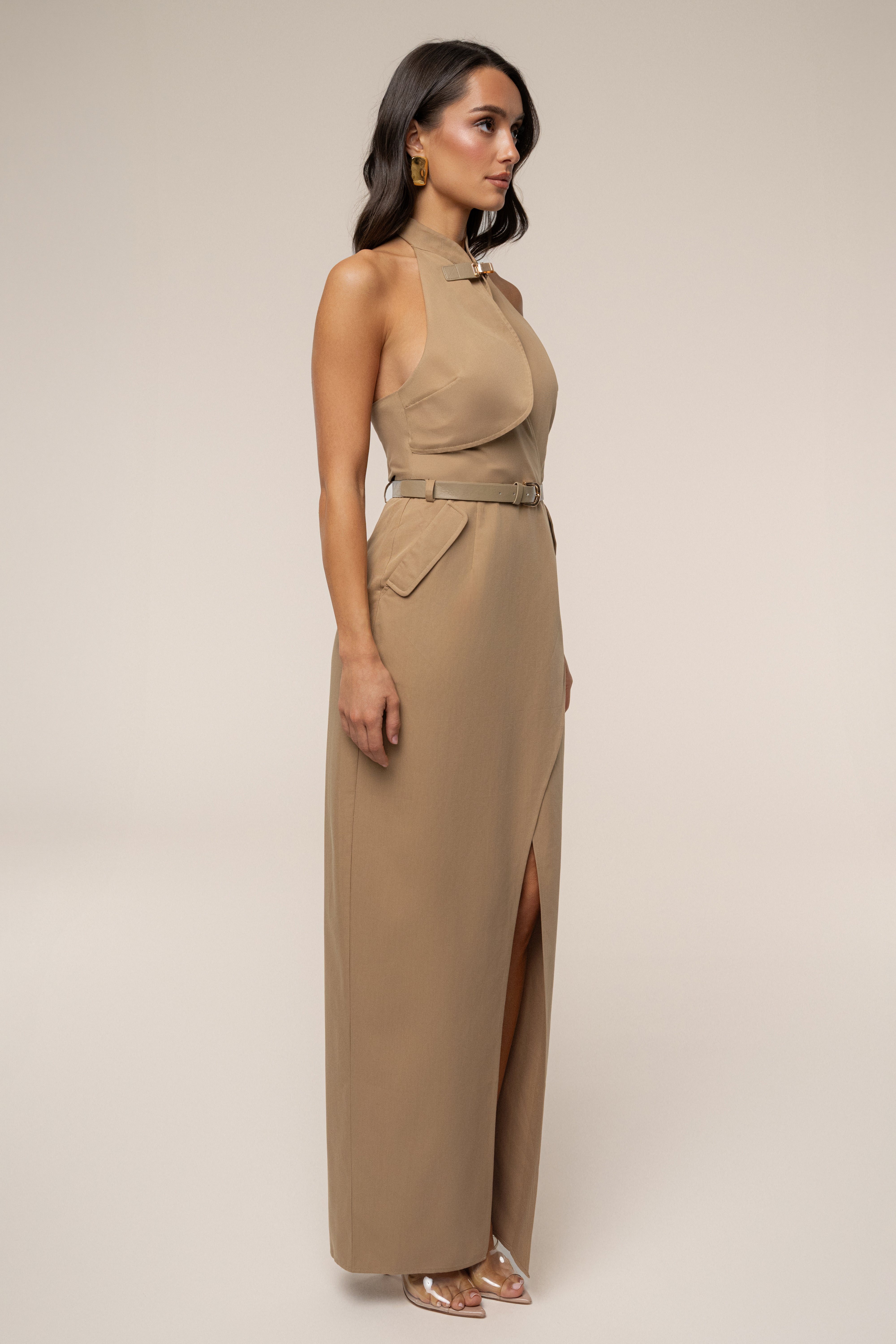Tan Aria Keyhole Maxi Dress
