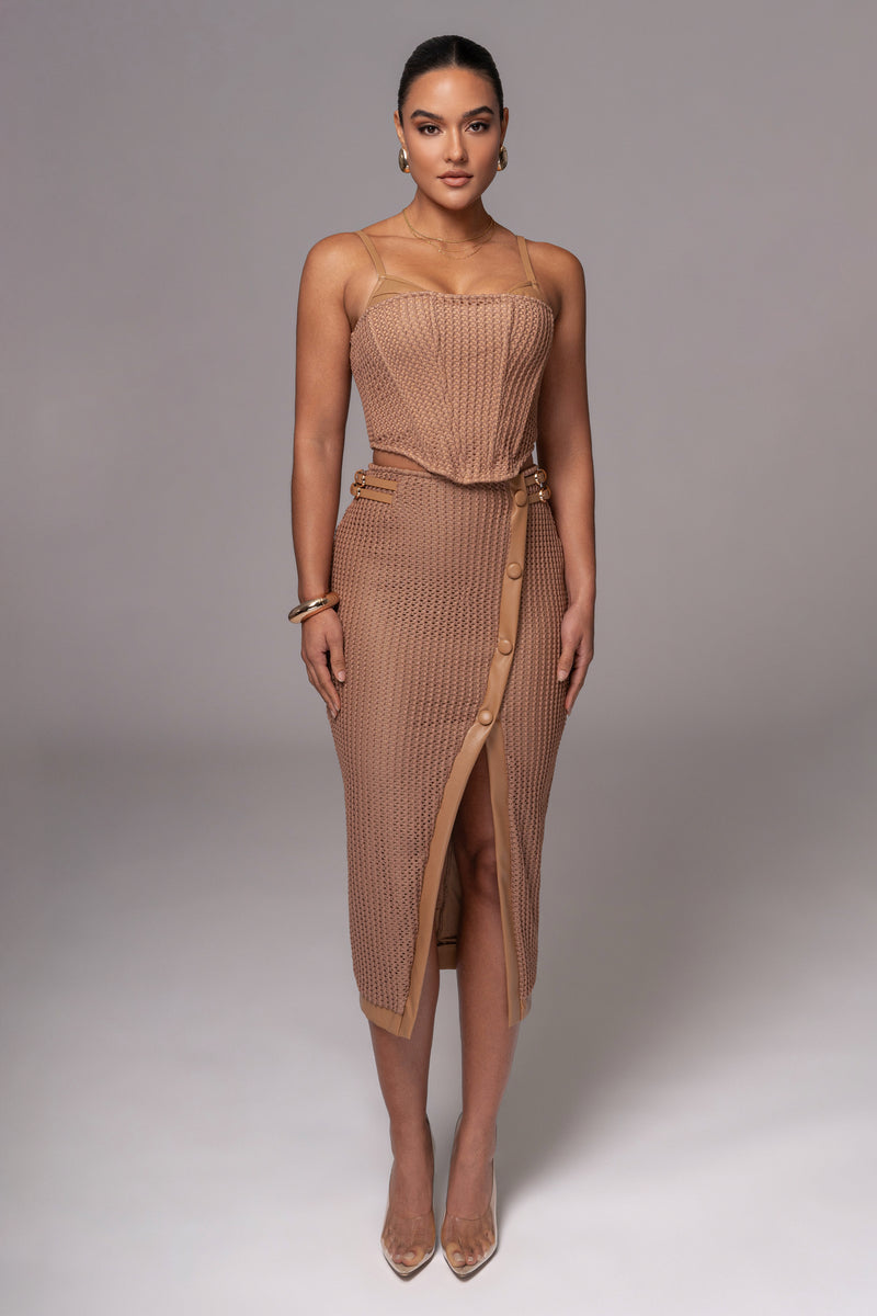 Tan Textured Mystique Midi Skirt