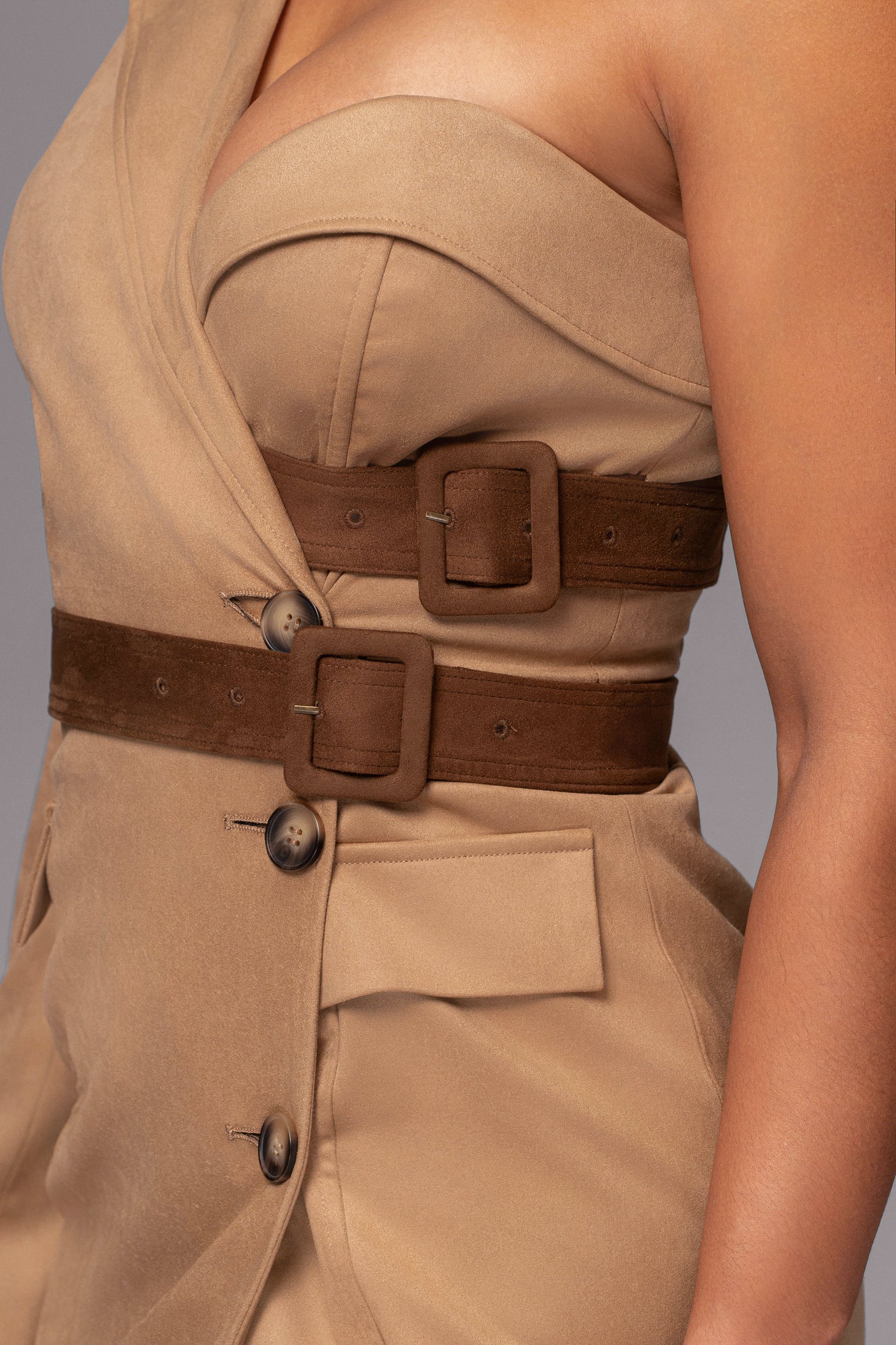 Beige One Shoulder Suede Blazer Dress - JLUXLABEL