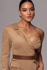 Beige One Shoulder Suede Blazer Dress