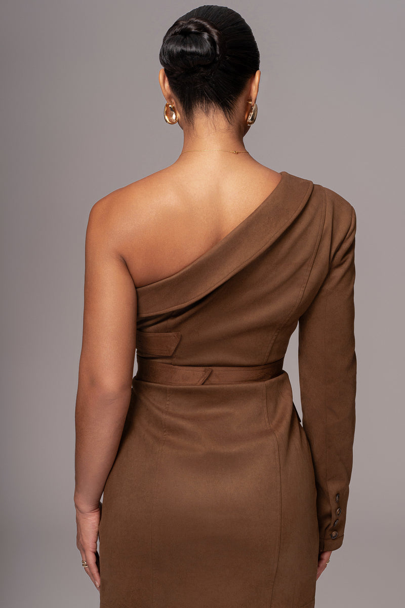 Chocolate One Shoulder Suede Blazer Dress