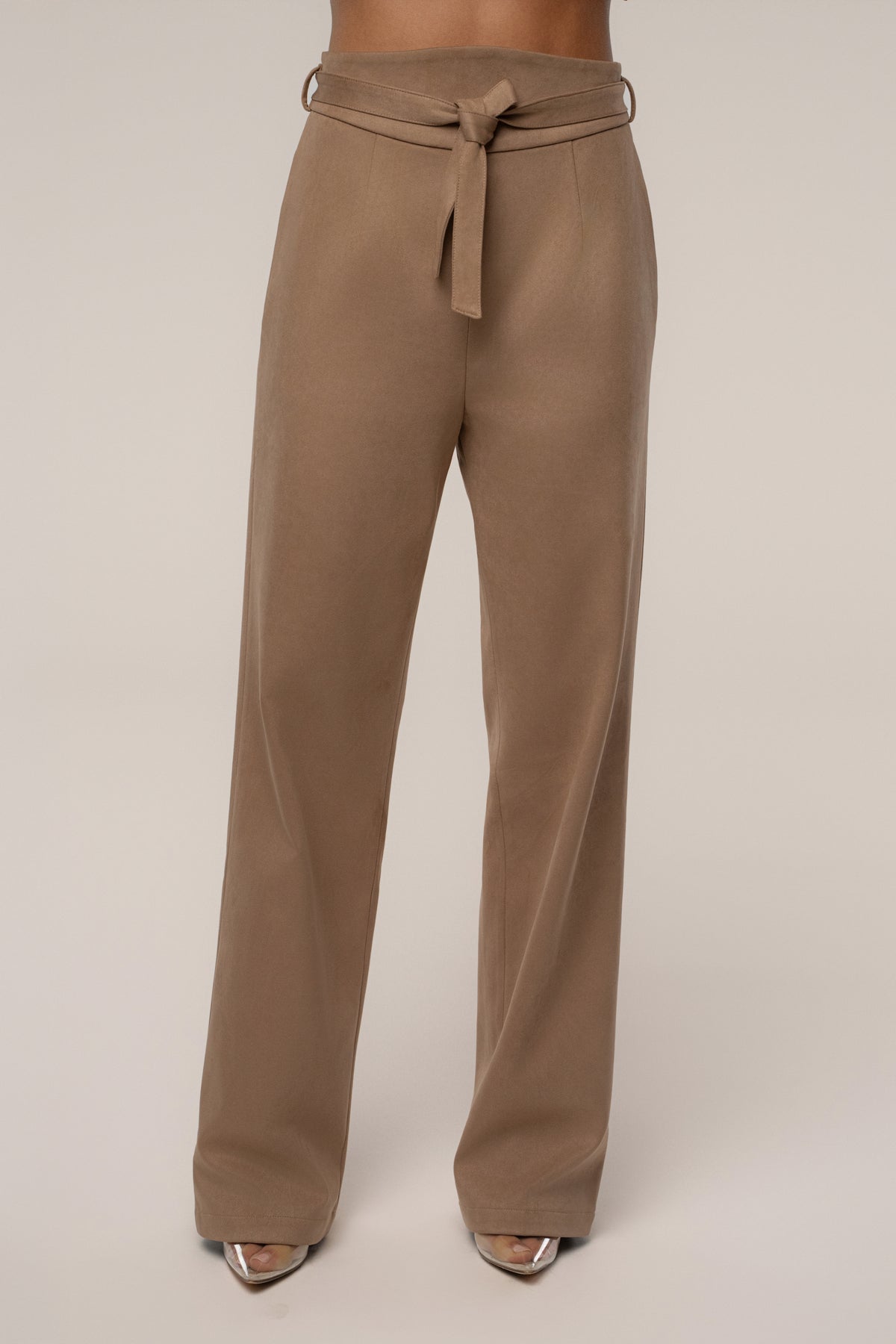 Beige Heidi belted suede pants from JLUXLABEL featuring a relaxed fit and stylish waistband.
