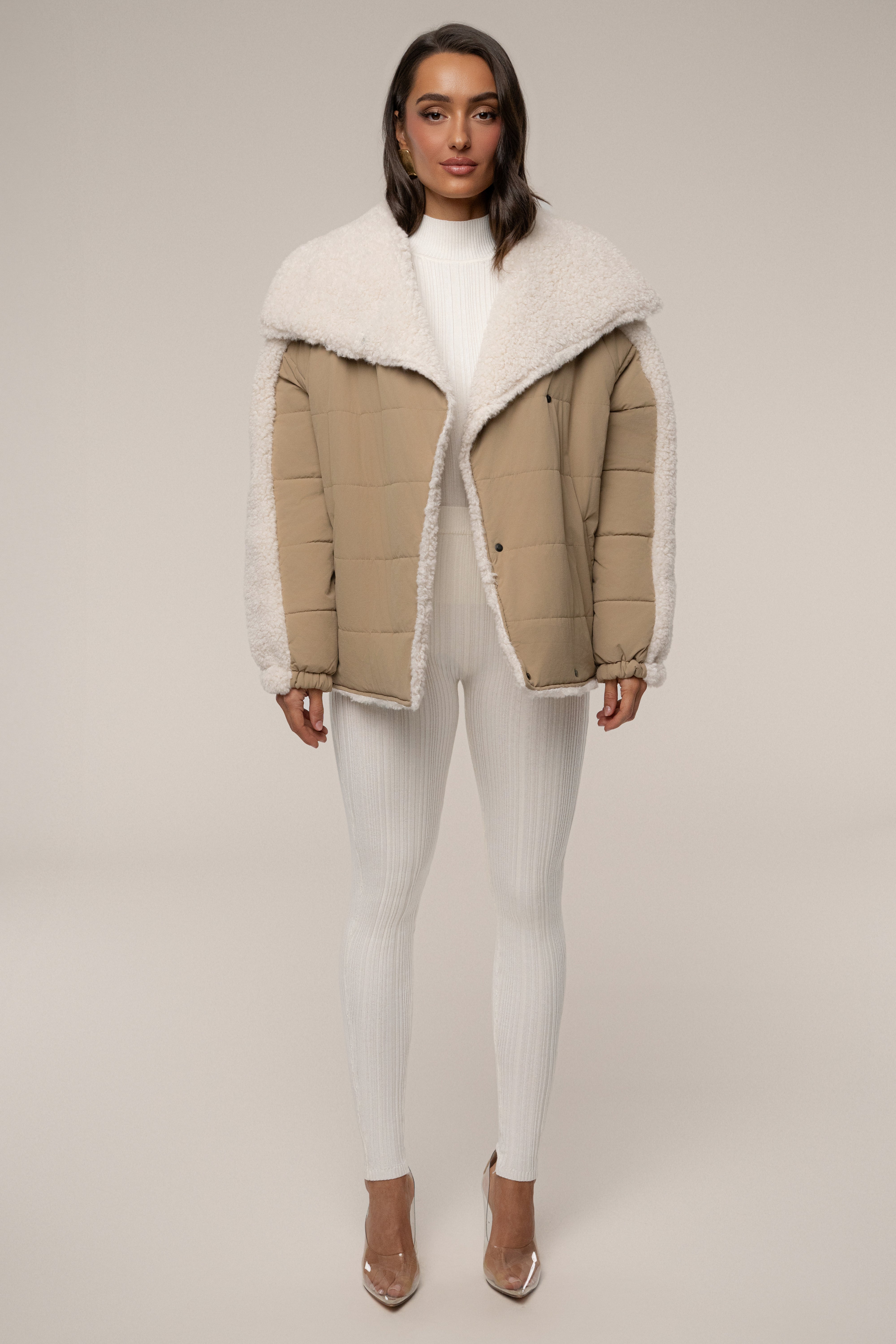 Beige/Ivory Contrast Sherpa Jacket