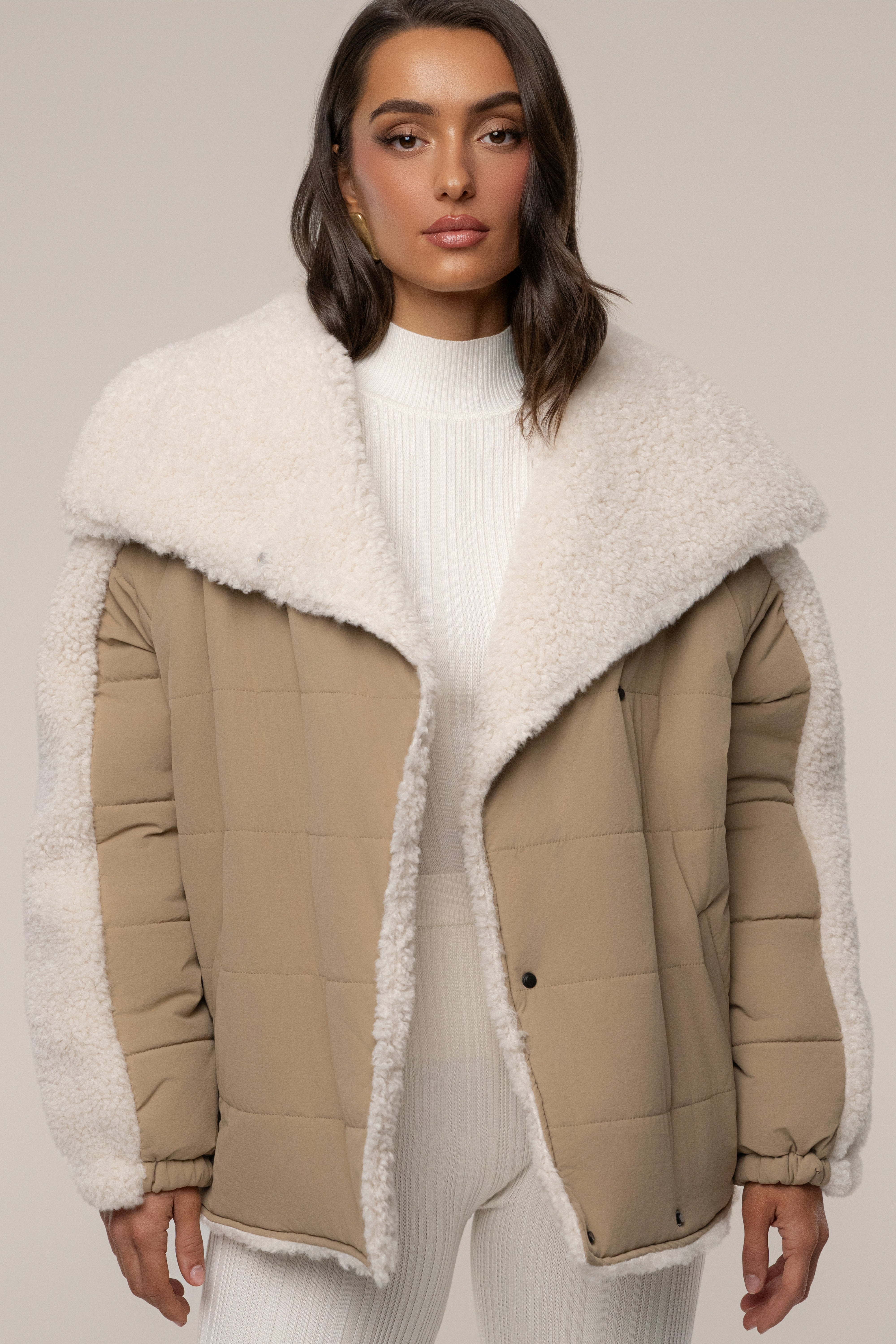 Beige/Ivory Contrast Sherpa Jacket