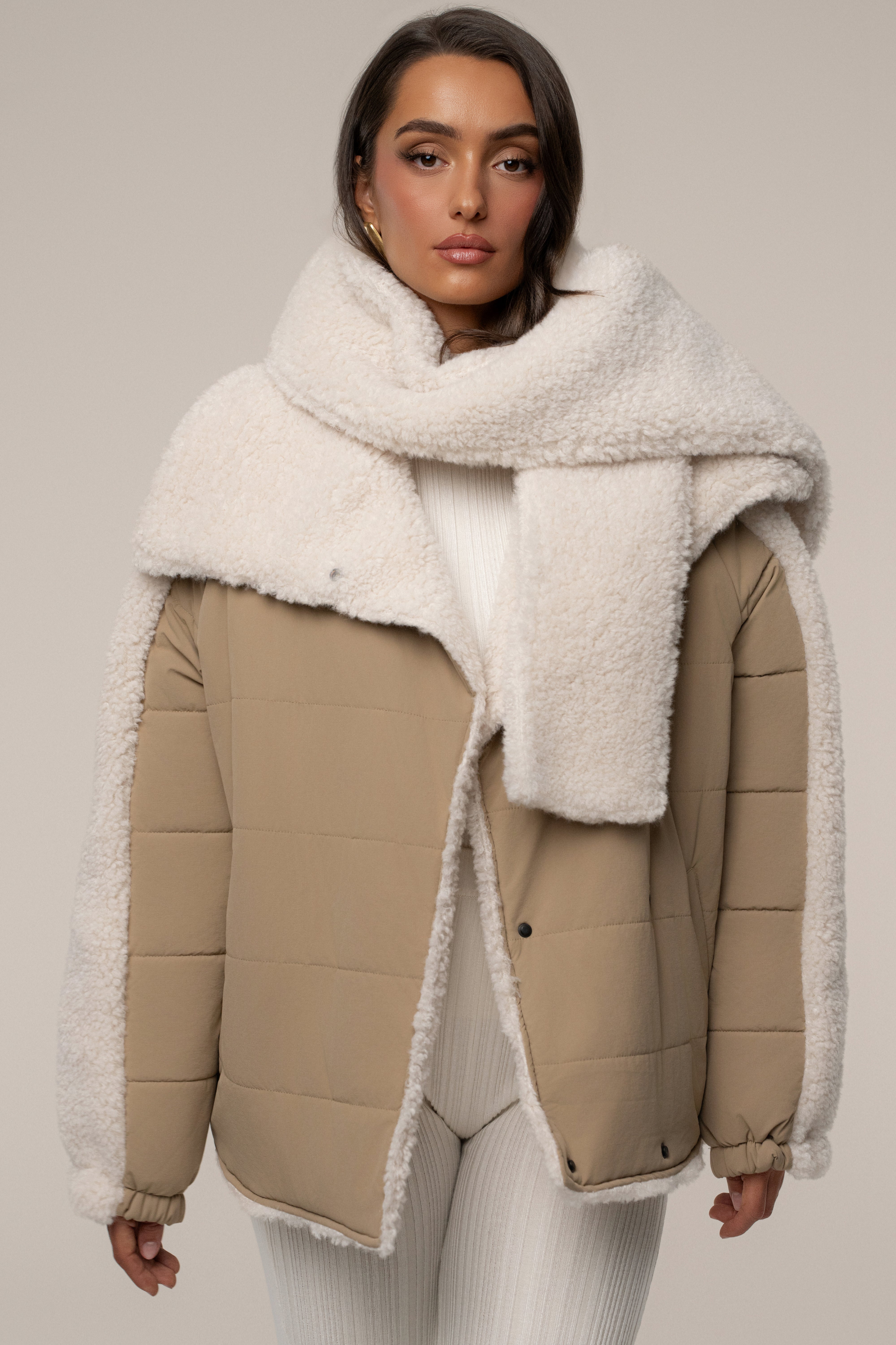 Beige/Ivory Contrast Sherpa Jacket